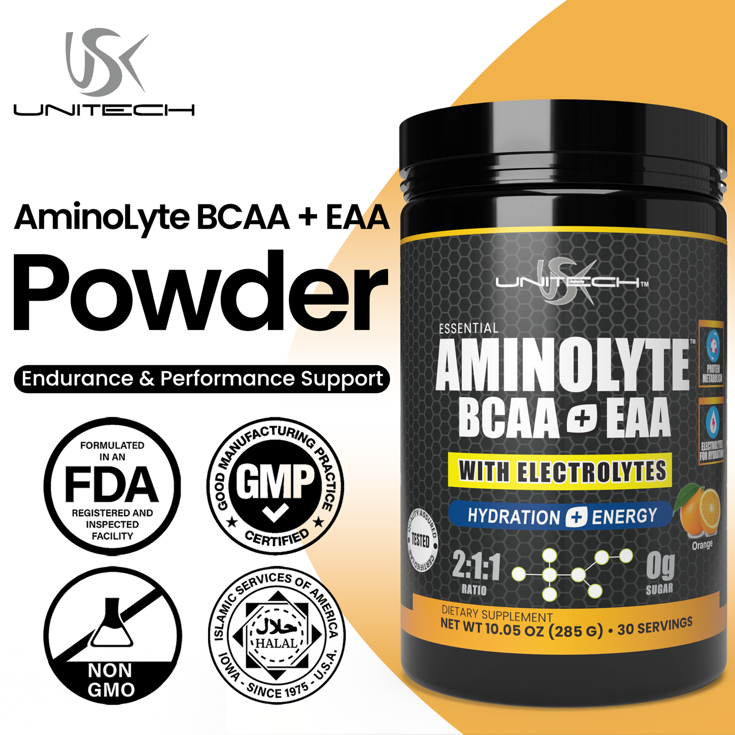 Unitech USK AminoLyte BCAA + EAA & Electrolytes Powder | Rich with Essential Amino Acids | Muscle Recovery & Hydration | Endurance & Performance Support | Dietary Supplement | Orange Flavor, 285g