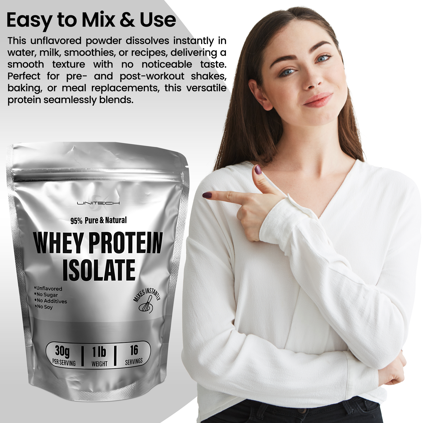 Unitech USK Whey Protein Isolate Powder | 95% Pure & Natural | Supports Muscle Growth & Recovery | Rich with High Nutrition with Amino Acids | Mixes Instantly | Dietary Supplement | 1lb