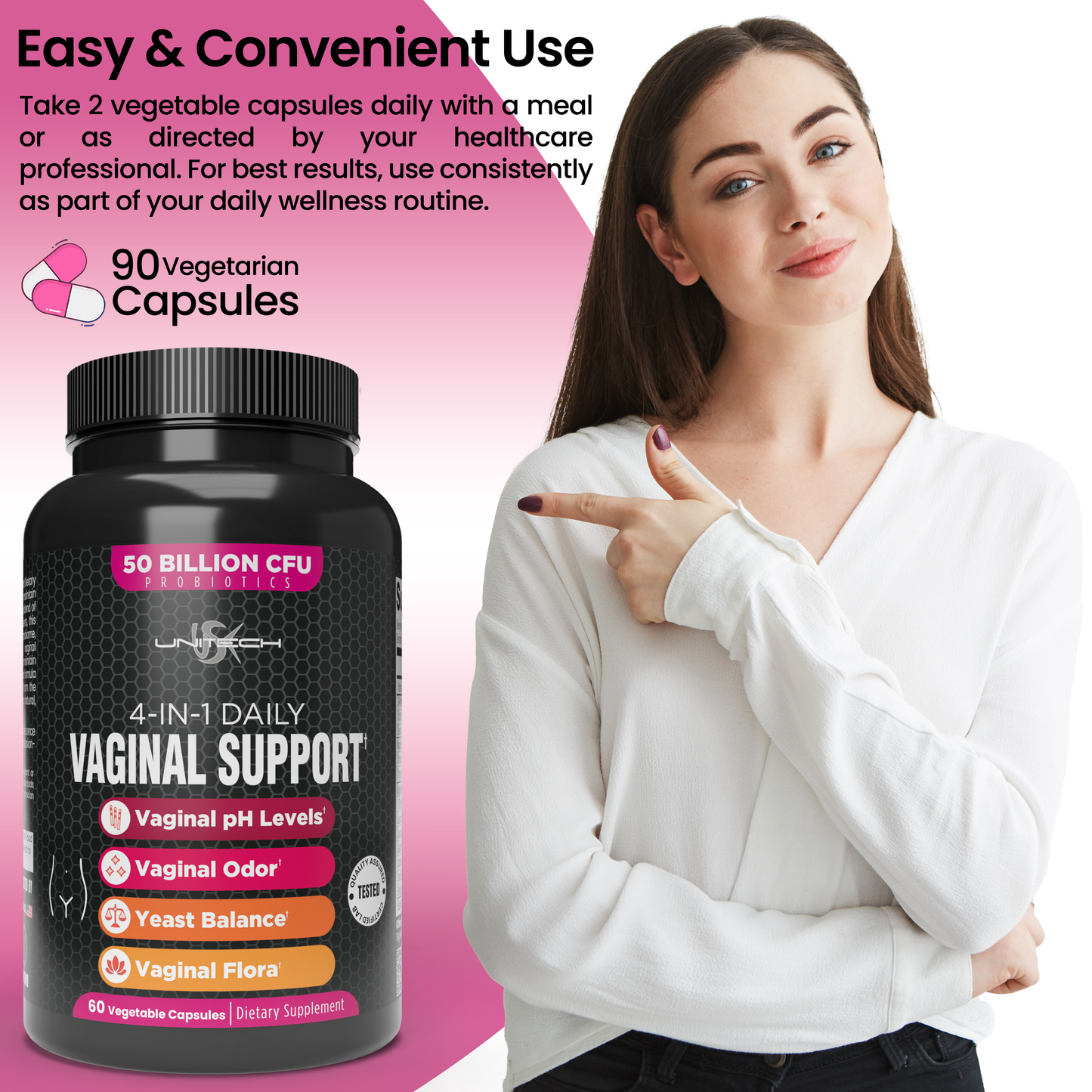 Unitech USK | 4-IN-1 Vaginal Support Supplement | 50 Billion CFU Probiotics, Supports Vaginal Health, pH, Odor, Yeast Balance, and Flora | Natural Feminine Care | 60 Vegetable Capsules
