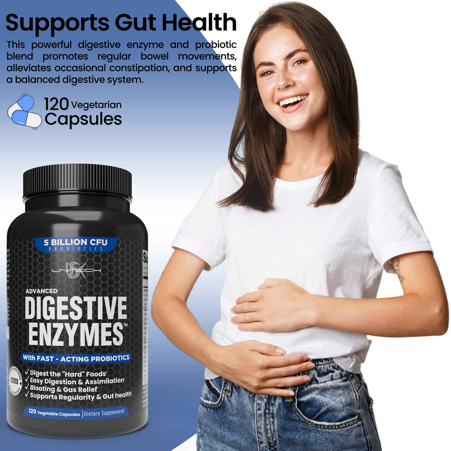 Unitech USK Advanced Digestive Enzymes with 5 Billion CFU Probiotics | Supports Gut Health, Bloating & Gas Relief | Easy Digestion & Nutrient Absorption | Dietary Supplement | 120 Vegetable Capsules
