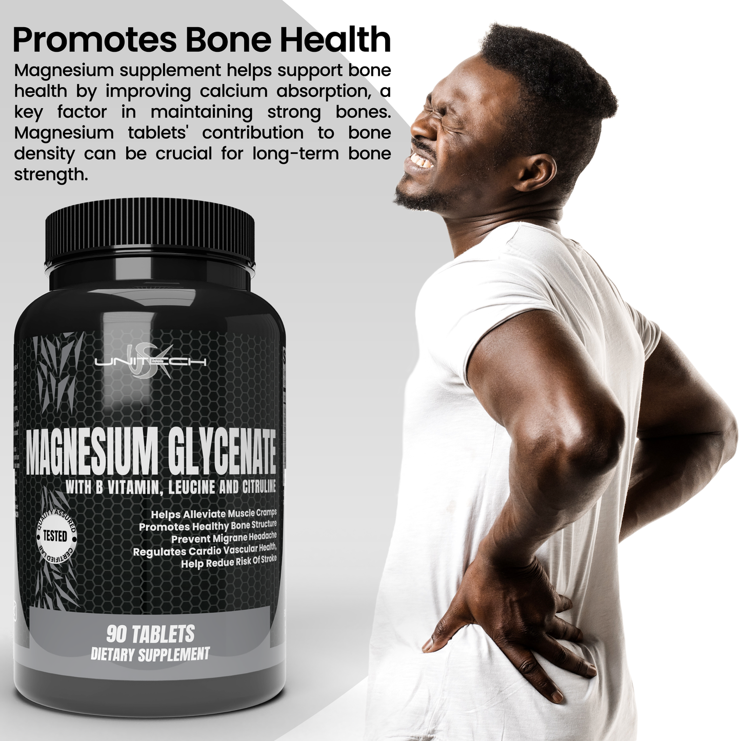 Unitech USK | Magnesium Glycinate Tablets | Immunity Support with B Vitamins, Leucine & Citrulline | Promotes Muscles, Bone Health & Supports Overall Wellness | Dietary Supplement | 90 Tablets