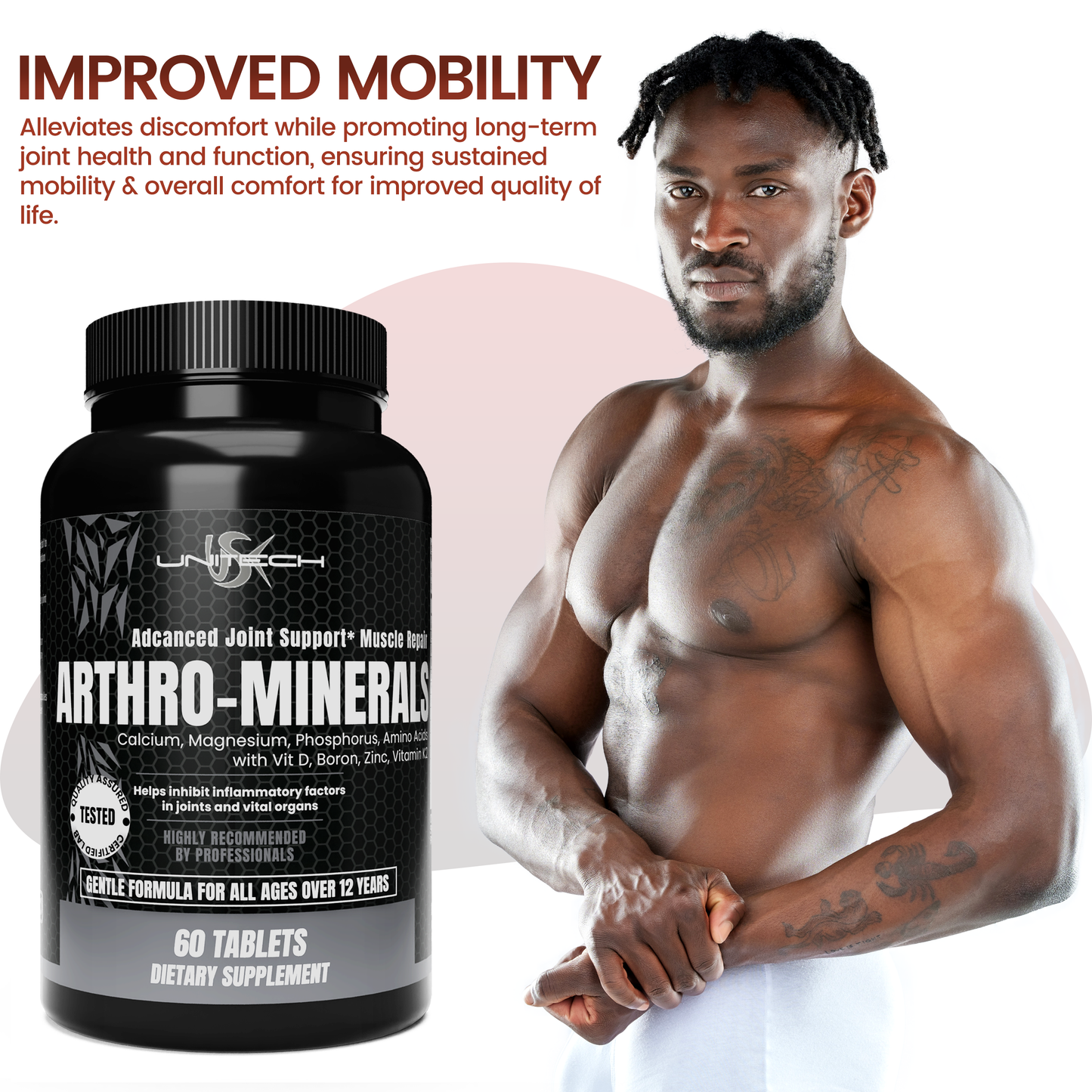 Unitech USK | Arthro Minerals | Supports Bone, Collagen & Muscle Repair | Rich with Calcium, Magnesium, Phosphorus, Zinc, Boron, Vitamin D & K2 | Joint Health Supplement | 60 Tablets