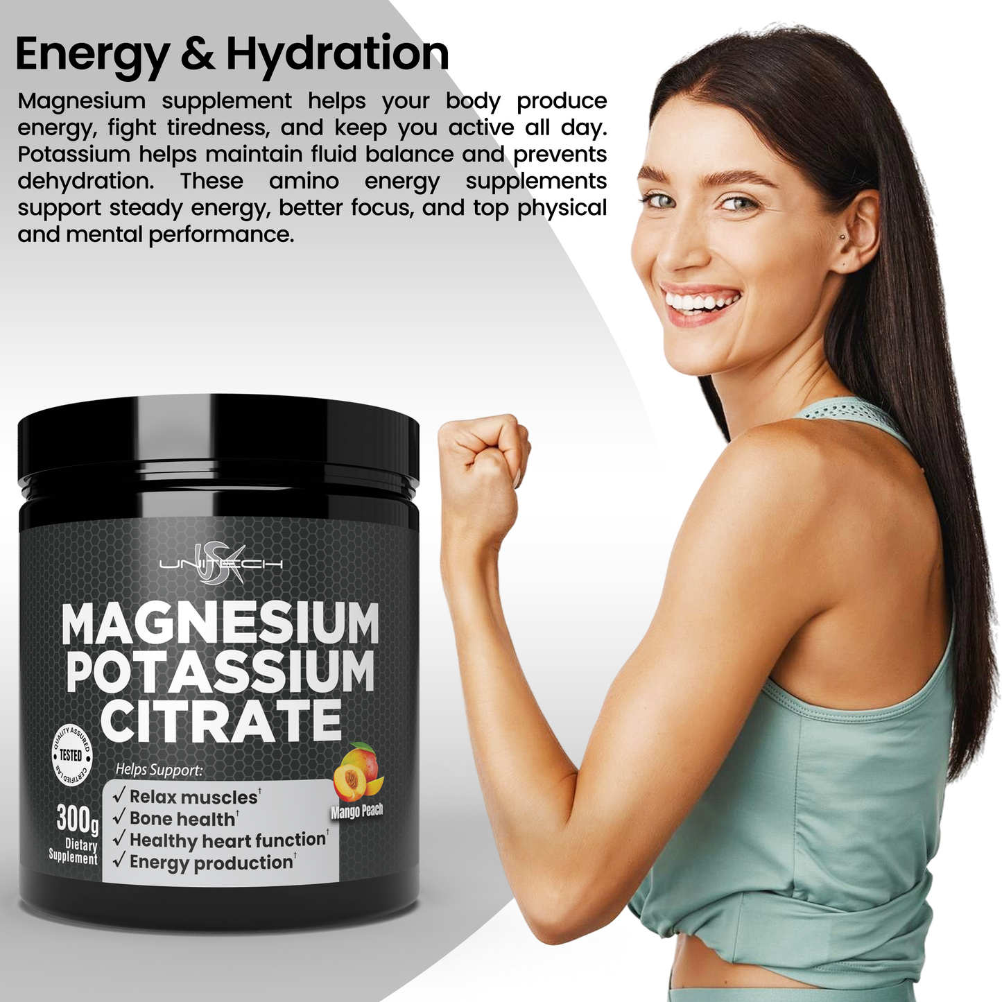 Unitech USK Magnesium Potassium Citrate Powder | Supports Muscle Relaxer, Bone Health, Heart Function & Energy supplements | Rich with Magnesium, Potassium, & Vitamins | Mango Peach Flavor, 300g