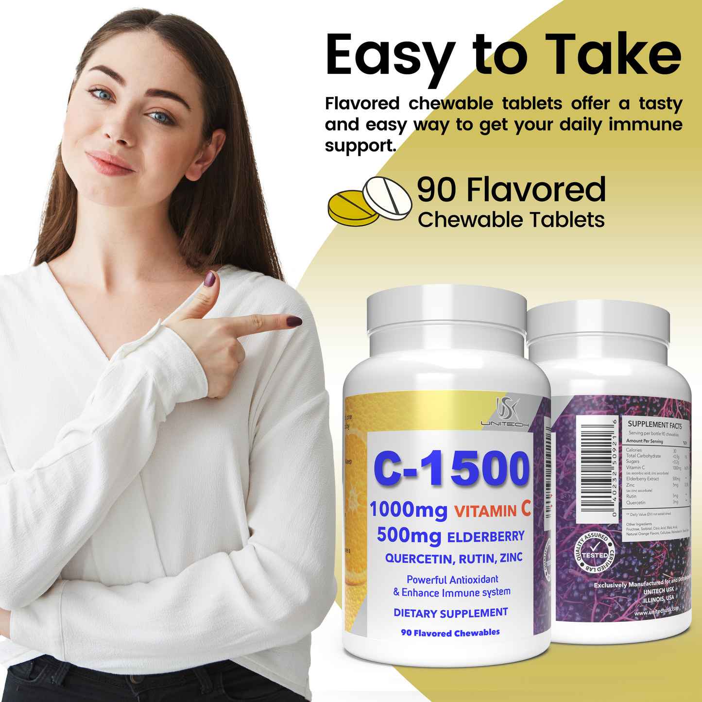 Unitech USK | C-1500 | Immune Support Supplement | Rich with Vitamin C, Elderberry, Quercetin, Rutin, & Zinc | Daily Wellness & Body Health Maintenance | 90 Flavored Chewables