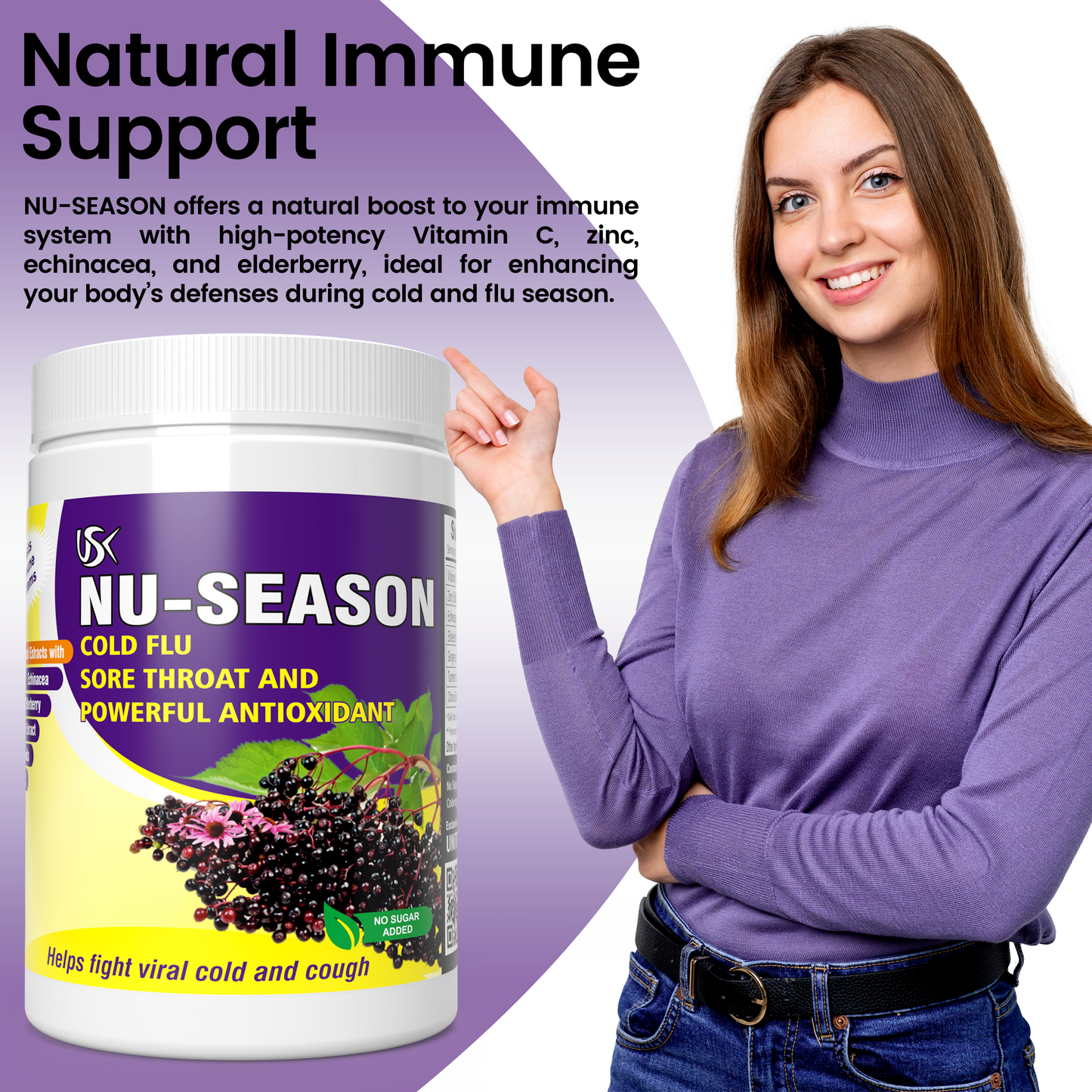 Unitech USK | NU-SEASON | Immune Support Supplement | Vitamin C, Zinc, Echinacea & Elderberry | Non-GMO, Vegan, Antioxidant-Rich Formula for Cold and Flu Relief | 100% Natural, Gluten-Free | 300 grams