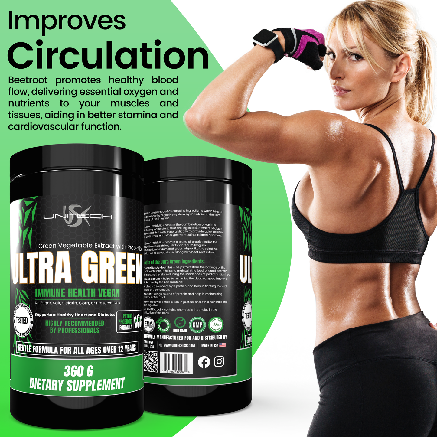 Unitech USK | Ultra Green Powder | Health Supplement, Immune Support, and Digestive Relief | Rich with Probiotics, Green Algae, Seaweed, and Beet Root | Gut Health Enhancement | 16 Oz