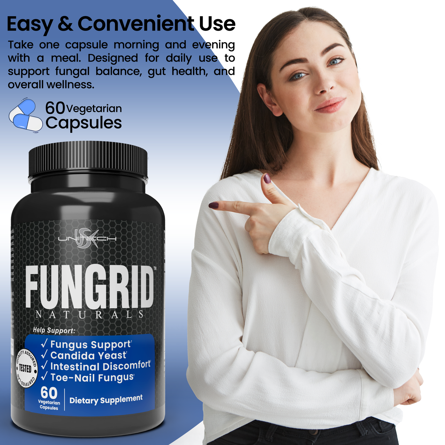 Unitech USK Fungrid Naturals | Fungus Support Supplement | Candida Supports, Intestinal Health & Toe Nails Health | Herbal Blend with Walnut, Oregano Leaf & Wormwood | 60 Vegetarian Capsules