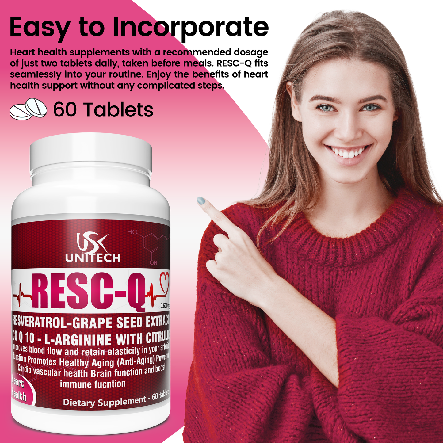 Unitech USK | RESC-Q | Cardiovascular Support & Heart Health | Rich with Resveratrol, L-Arginine, L-Citrulline & Grape Seed Extract | Antioxidant & Enhanced Blood Flow | Dietary Supplement | 60 Tablets