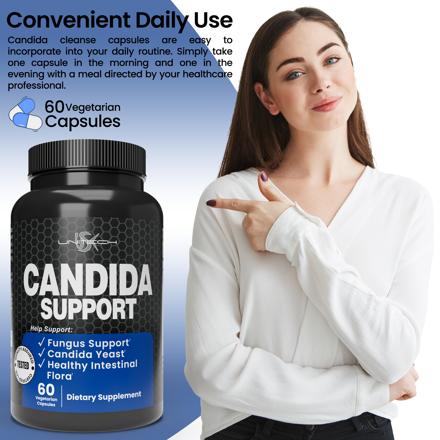 Unitech USK Candida Support | Yeast Cleanse & Gut Health Supplements | Natural Formula with Oregano, Garlic & Caprylic Acid | Supports Healthy Digestion & Immune System | 60 Vegetarian Capsules