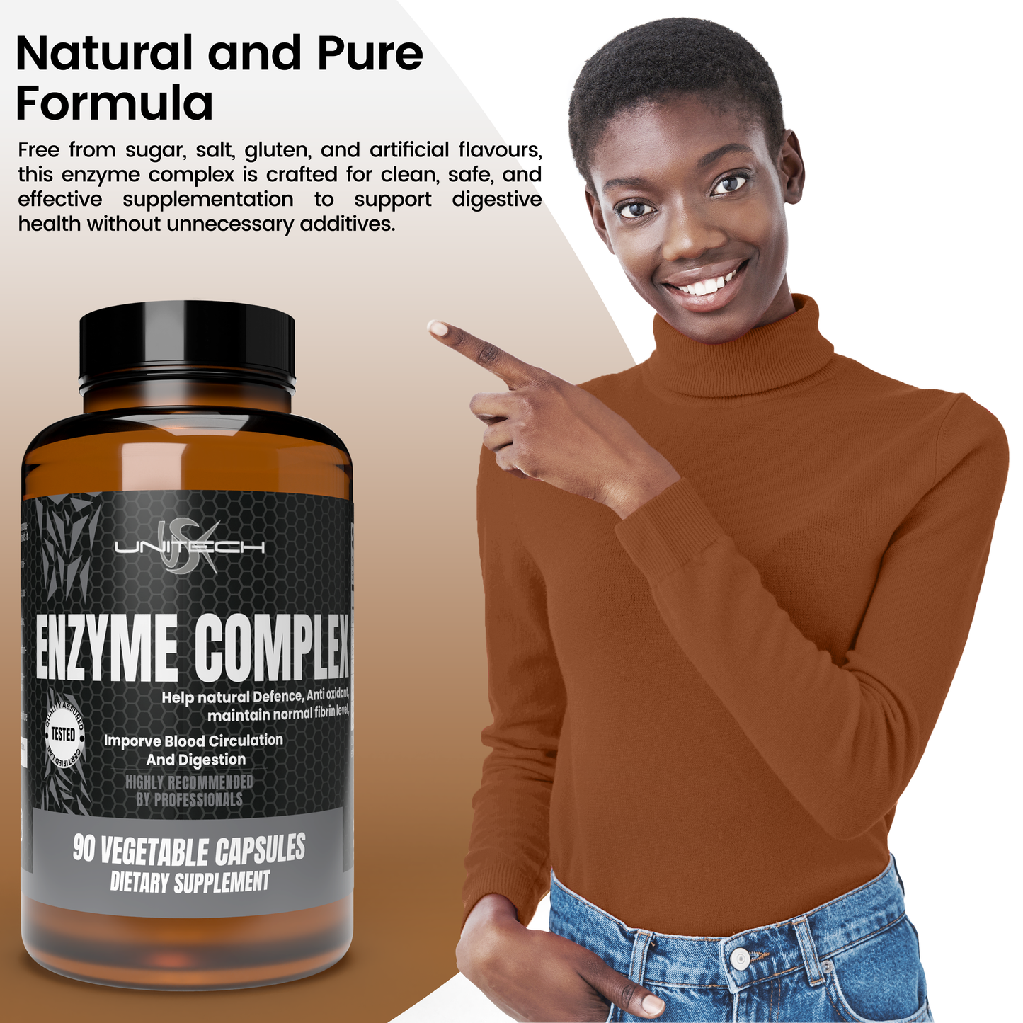 Unitech USK | Enzyme Complex Supplement | Digestive Support with Lipase, Protease, Papain, Bromelain, and Turmeric Extract | Natural Formula for Nutrient Absorption | 90 Vegetable Capsules