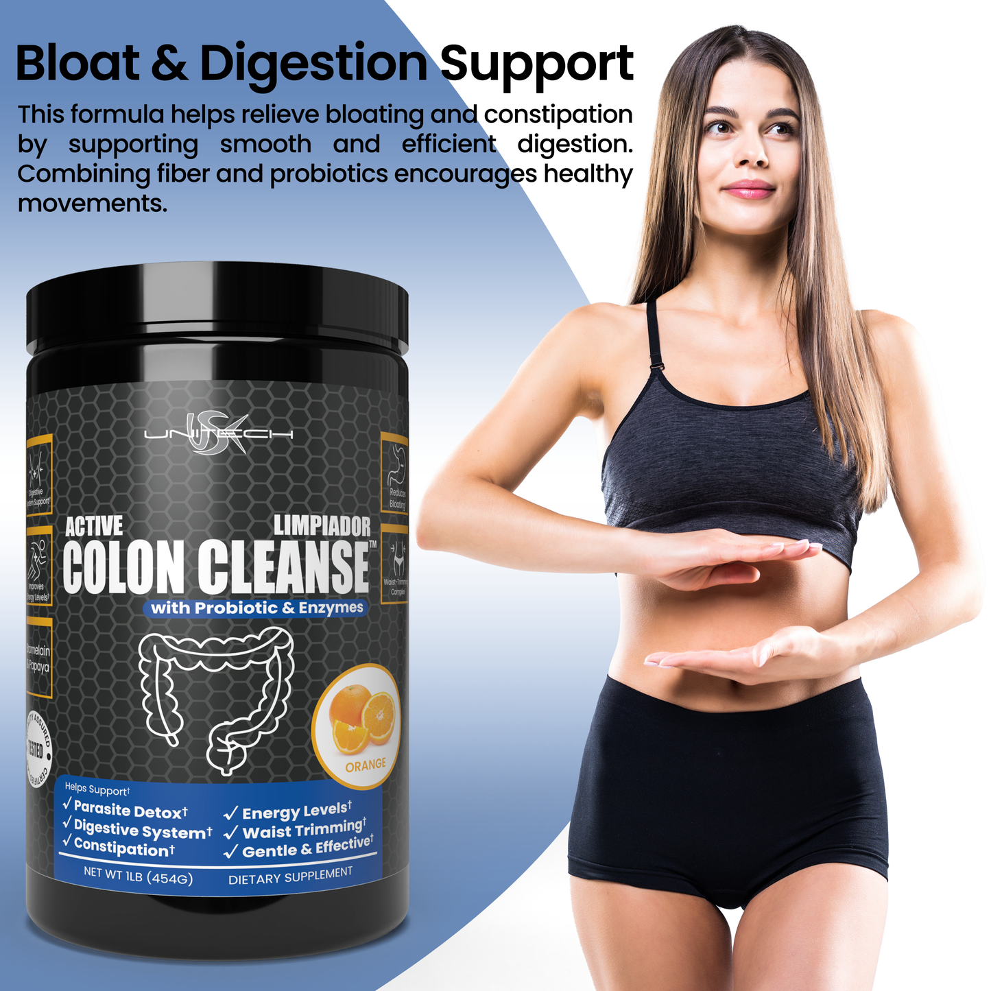 USK Colon Cleanse with Probiotics & Enzymes | Detox & Digestive Support Supplement | Rich with Bromelain & Papaya | Reduces Bloating & Boosts Energy | Orange Flavor | 1 lb