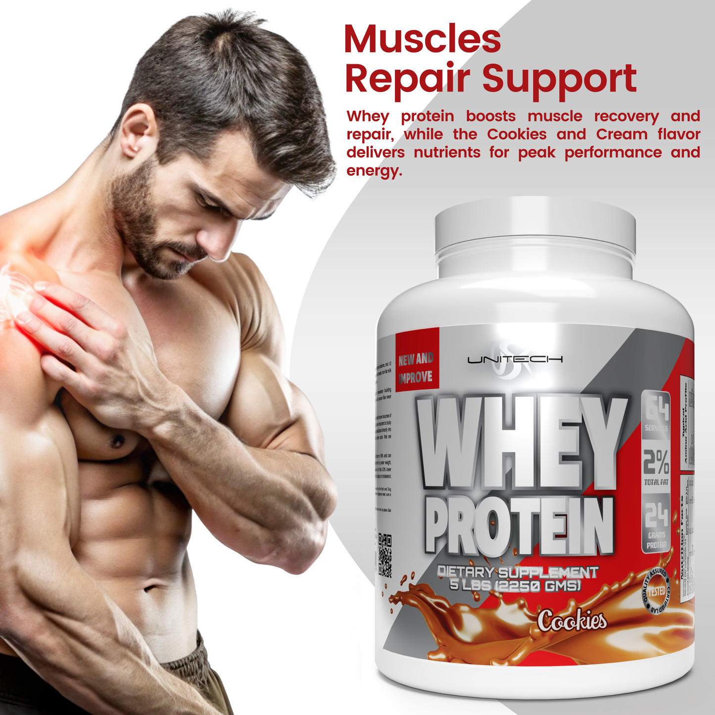 UNITECH USK | Whey Cream & Cookies Protein Powder | Muscle Repair & Metabolism Support | Protein with Essential Amino Acids, Enzymes & Minerals | Sports Supplement | Cream & Cookies Flavor, 80oz