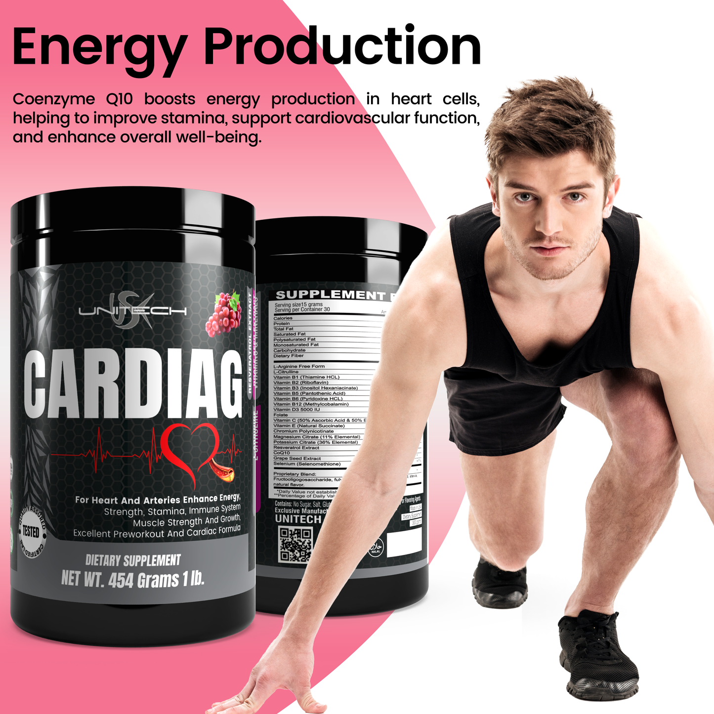 Unitech USK | Cardiag Grape Powder | Natural Supplement for Cardiovascular Support | L-Arginine, L-Citrulline, Grape Seed Extract, Resveratrol, and Coenzyme Q10 | 16 oz