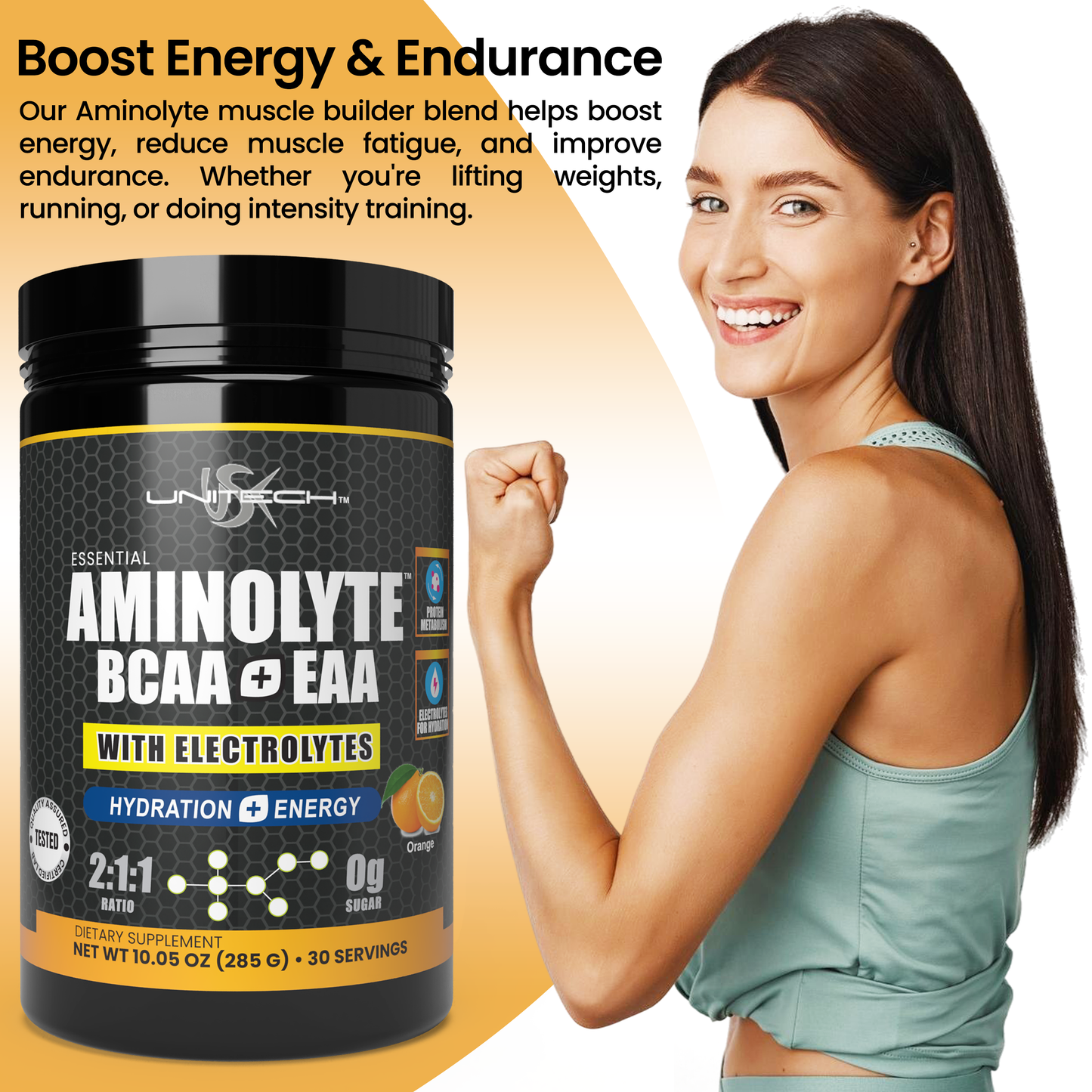 Unitech USK AminoLyte BCAA + EAA & Electrolytes Powder | Rich with Essential Amino Acids | Muscle Recovery & Hydration | Endurance & Performance Support | Dietary Supplement | Orange Flavor, 285g
