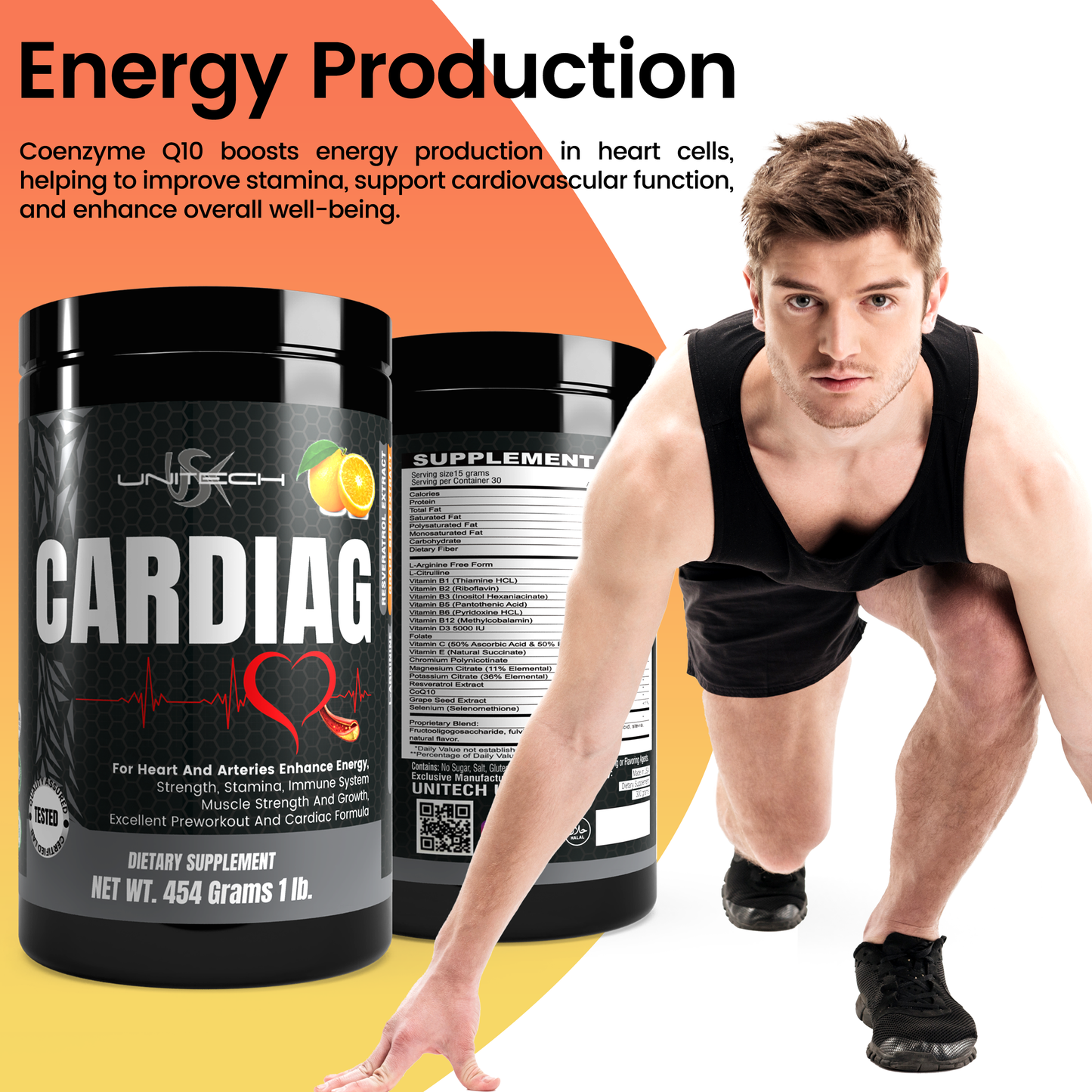 Unitech USK | Cardiag Orange Powder | Natural Supplement for Cardiovascular Support | L-Arginine, L-Citrulline, Orange Seed Extract, Resveratrol, and Coenzyme Q10 | 16 oz