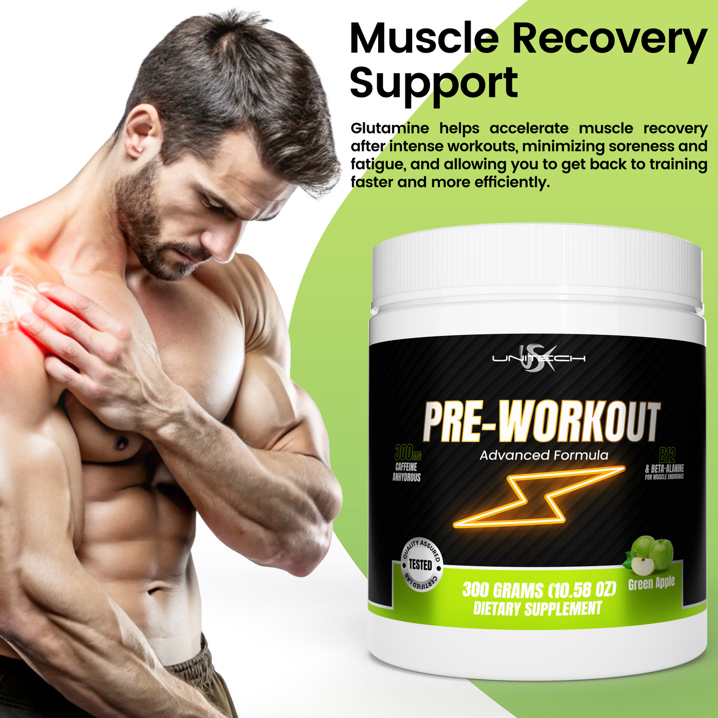 Unitech USK | Sparktech Pre Workout Powder | Energy Boost for Improved Performance, Strength & Focus | Rich with Vitamin C, B-Vitamins, Electrolytes & Amino Acids | Green Apple Flavor, 300g