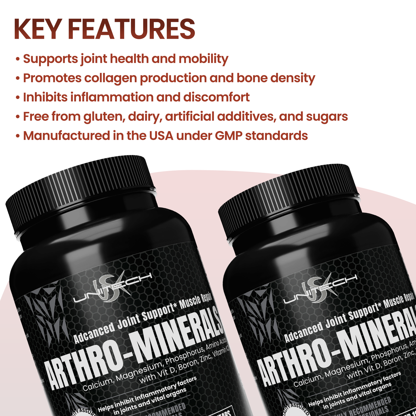 Unitech USK | Arthro Minerals | Supports Bone, Collagen & Muscle Repair | Rich with Calcium, Magnesium, Phosphorus, Zinc, Boron, Vitamin D & K2 | Joint Health Supplement | 60 Tablets