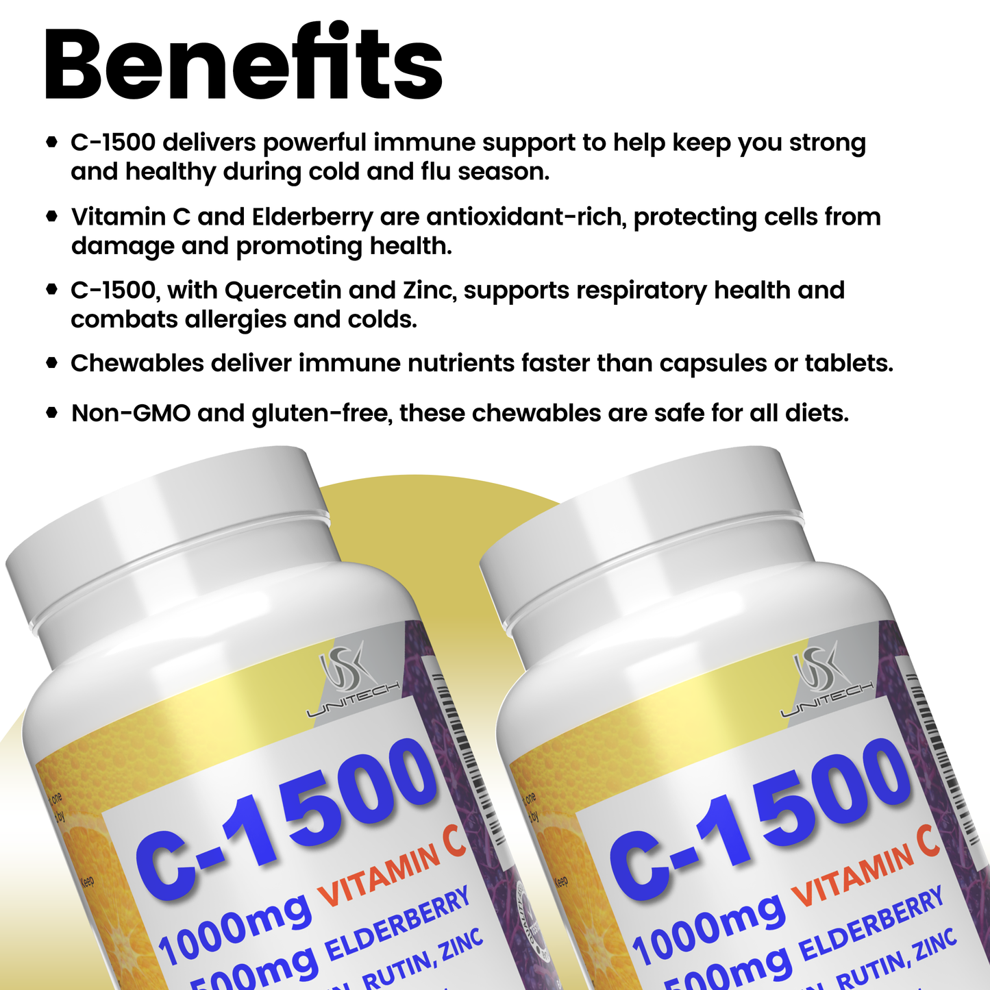 Unitech USK | C-1500 | Immune Support Supplement | Rich with Vitamin C, Elderberry, Quercetin, Rutin, & Zinc | Daily Wellness & Body Health Maintenance | 90 Flavored Chewables