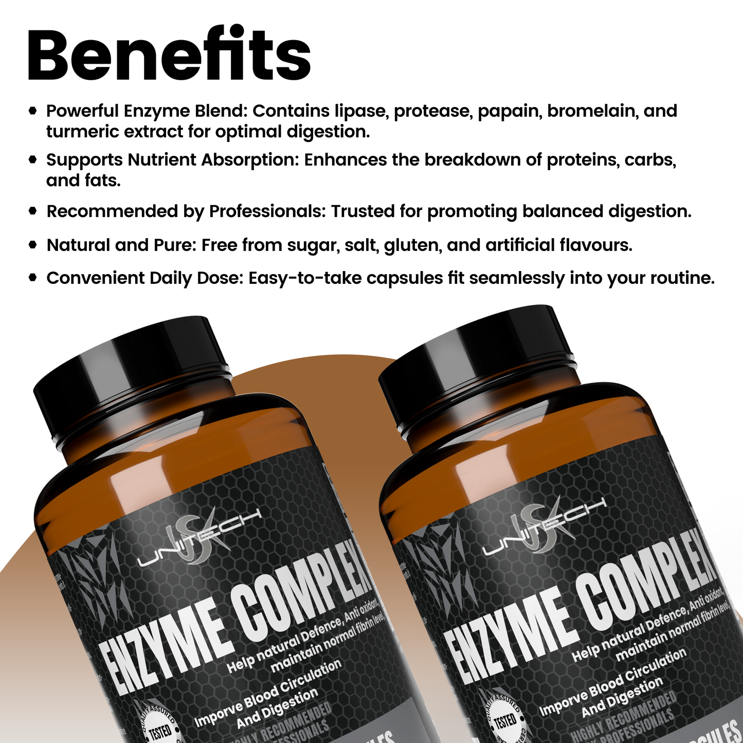 Unitech USK | Enzyme Complex Supplement | Digestive Support with Lipase, Protease, Papain, Bromelain, and Turmeric Extract | Natural Formula for Nutrient Absorption | 90 Vegetable Capsules