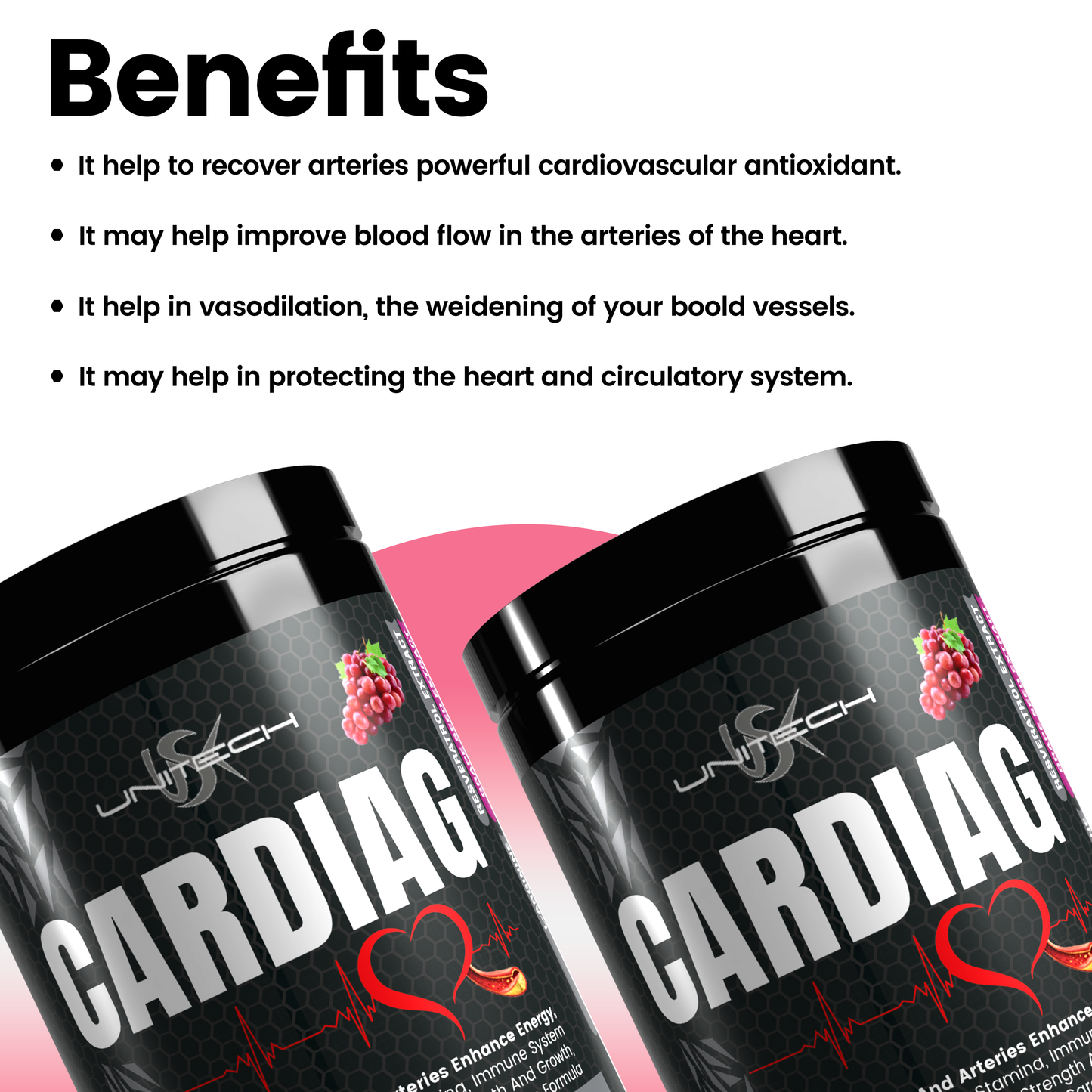 Unitech USK | Cardiag Grape Powder | Natural Supplement for Cardiovascular Support | L-Arginine, L-Citrulline, Grape Seed Extract, Resveratrol, and Coenzyme Q10 | 16 oz