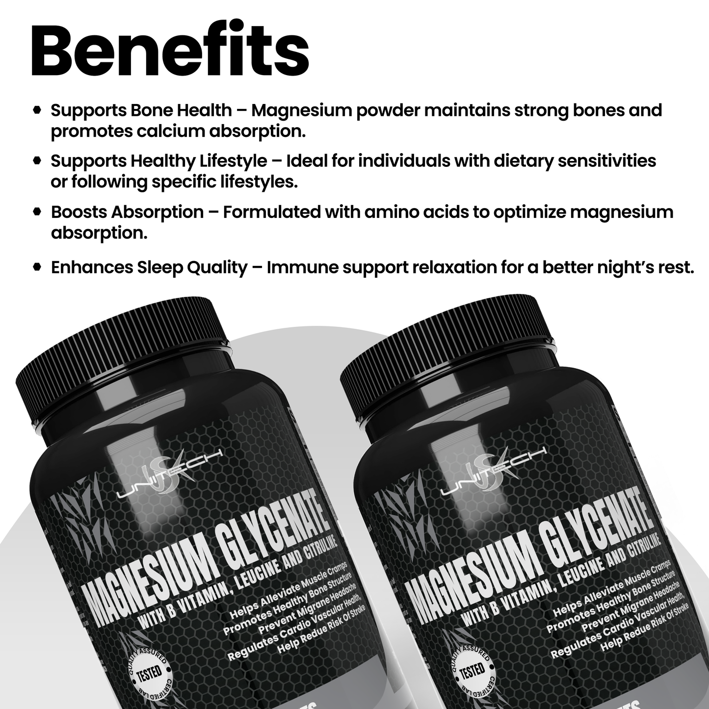 Unitech USK | Magnesium Glycinate Tablets | Immunity Support with B Vitamins, Leucine & Citrulline | Promotes Muscles, Bone Health & Supports Overall Wellness | Dietary Supplement | 90 Tablets