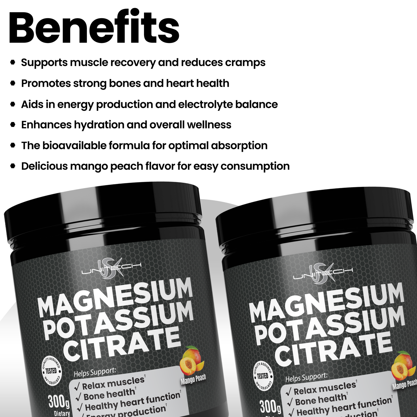Unitech USK Magnesium Potassium Citrate Powder | Supports Muscle Relaxer, Bone Health, Heart Function & Energy supplements | Rich with Magnesium, Potassium, & Vitamins | Mango Peach Flavor, 300g