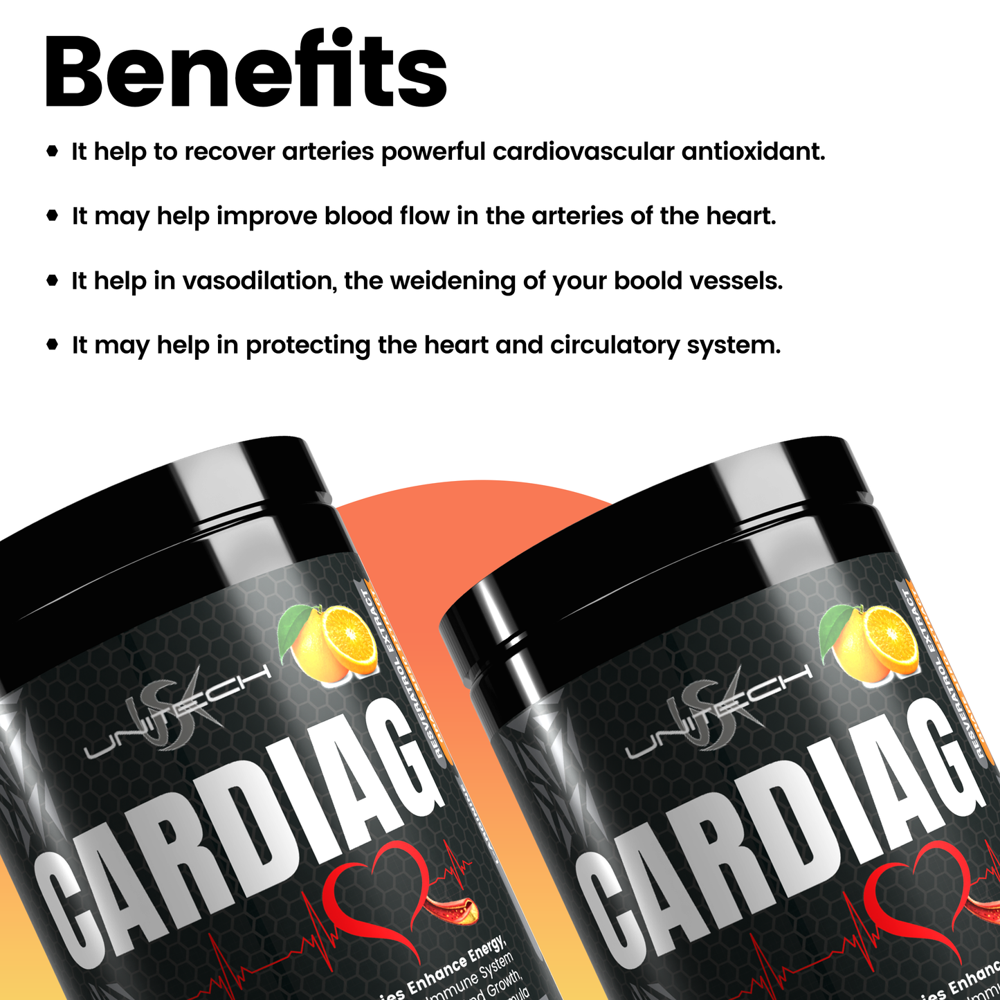 Unitech USK | Cardiag Orange Powder | Natural Supplement for Cardiovascular Support | L-Arginine, L-Citrulline, Orange Seed Extract, Resveratrol, and Coenzyme Q10 | 16 oz
