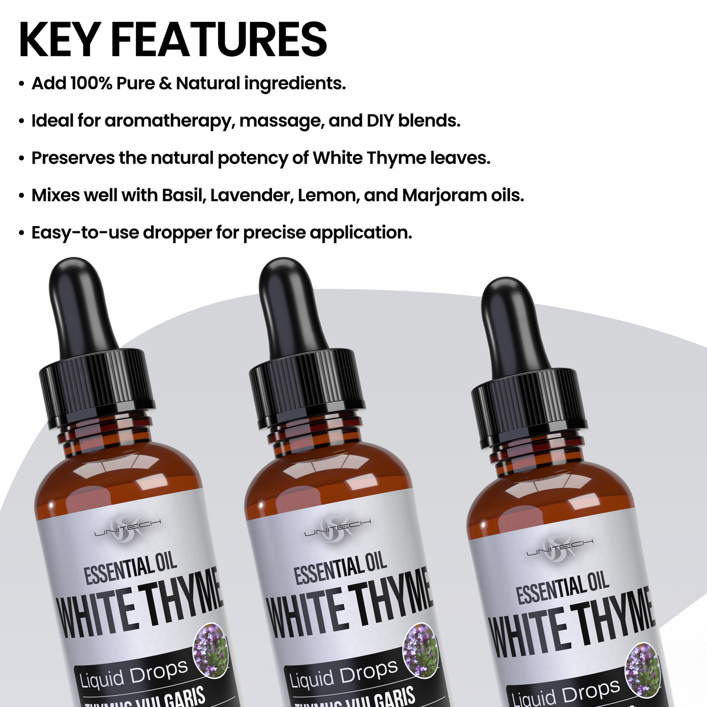 Unitech USK White Thyme Essential Oil | 100% Pure & Natural Thymus Vulgaris | Therapeutic Grade for Aromatherapy Diffuser | Relaxation & Massage Oil | Blends with Basil, Lavender, Lemon & Marjoram | 30ml