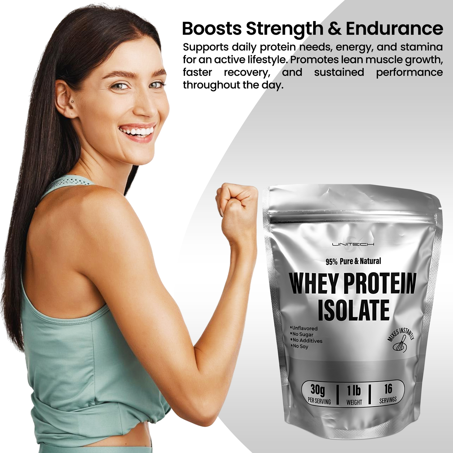 Unitech USK Whey Protein Isolate Powder | 95% Pure & Natural | Supports Muscle Growth & Recovery | Rich with High Nutrition with Amino Acids | Mixes Instantly | Dietary Supplement | 1lb