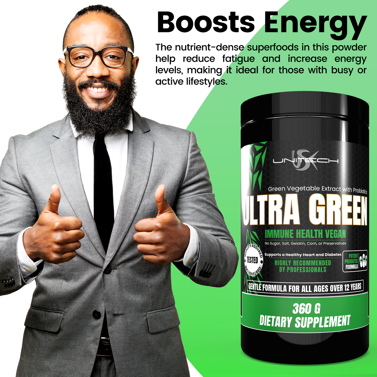 Unitech USK | Ultra Green Powder | Health Supplement, Immune Support, and Digestive Relief | Rich with Probiotics, Green Algae, Seaweed, and Beet Root | Gut Health Enhancement | 16 Oz