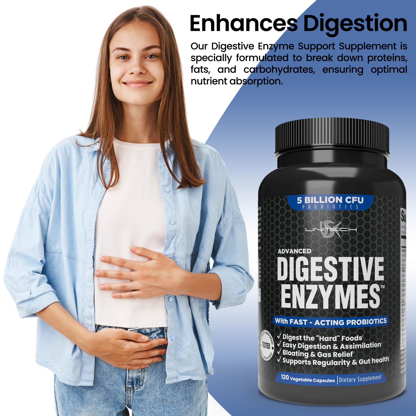 Unitech USK Advanced Digestive Enzymes with 5 Billion CFU Probiotics | Supports Gut Health, Bloating & Gas Relief | Easy Digestion & Nutrient Absorption | Dietary Supplement | 120 Vegetable Capsules
