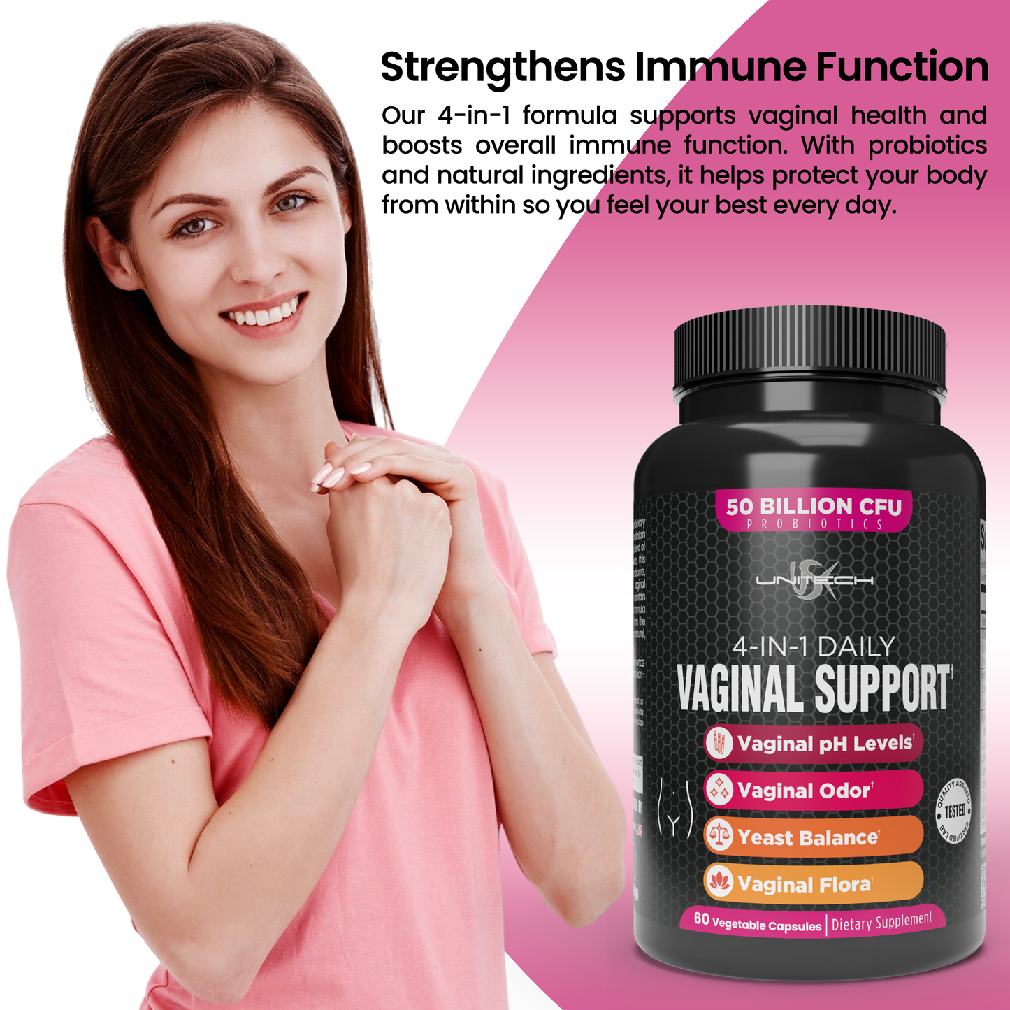 Unitech USK | 4-IN-1 Vaginal Support Supplement | 50 Billion CFU Probiotics, Supports Vaginal Health, pH, Odor, Yeast Balance, and Flora | Natural Feminine Care | 60 Vegetable Capsules