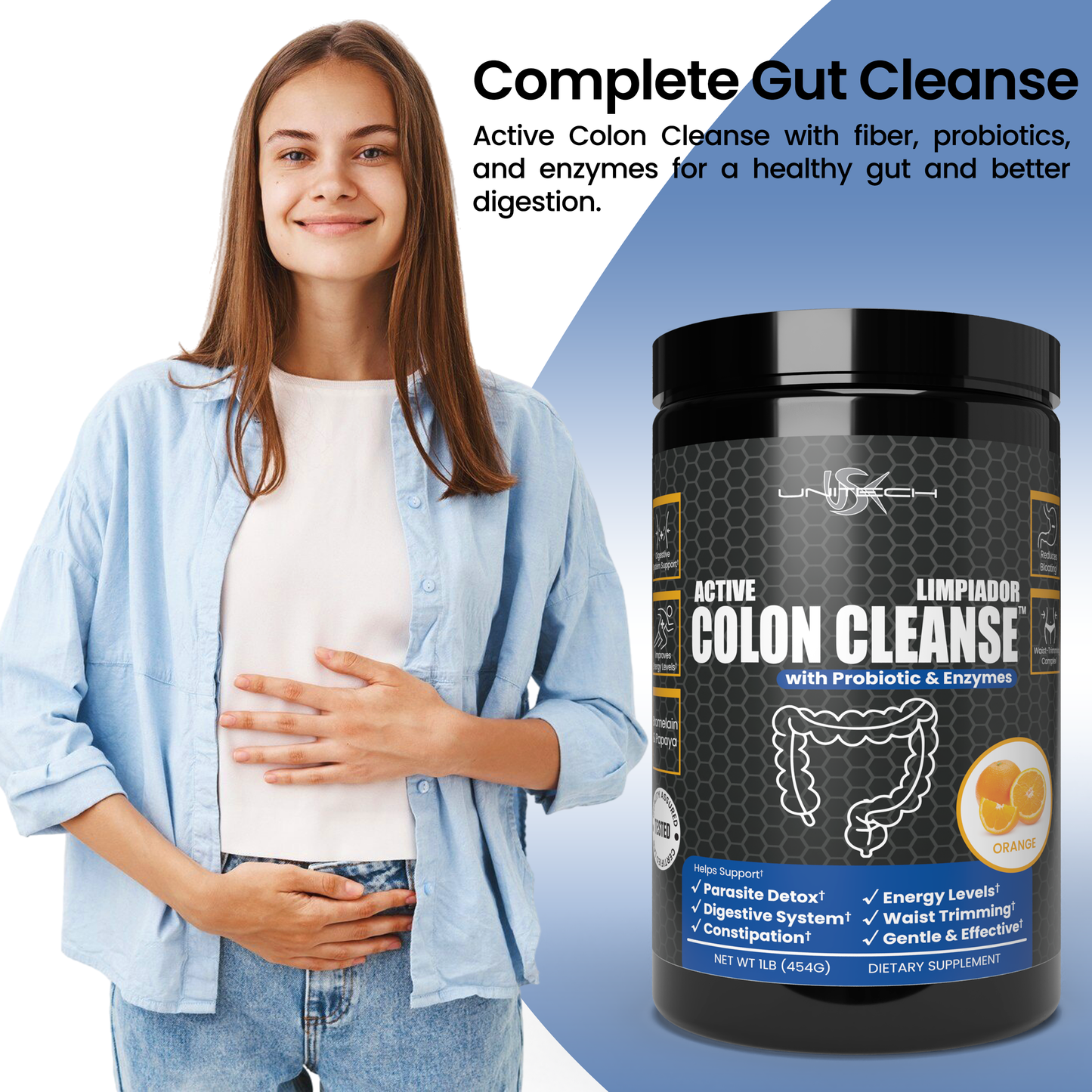 USK Colon Cleanse with Probiotics & Enzymes | Detox & Digestive Support Supplement | Rich with Bromelain & Papaya | Reduces Bloating & Boosts Energy | Orange Flavor | 1 lb