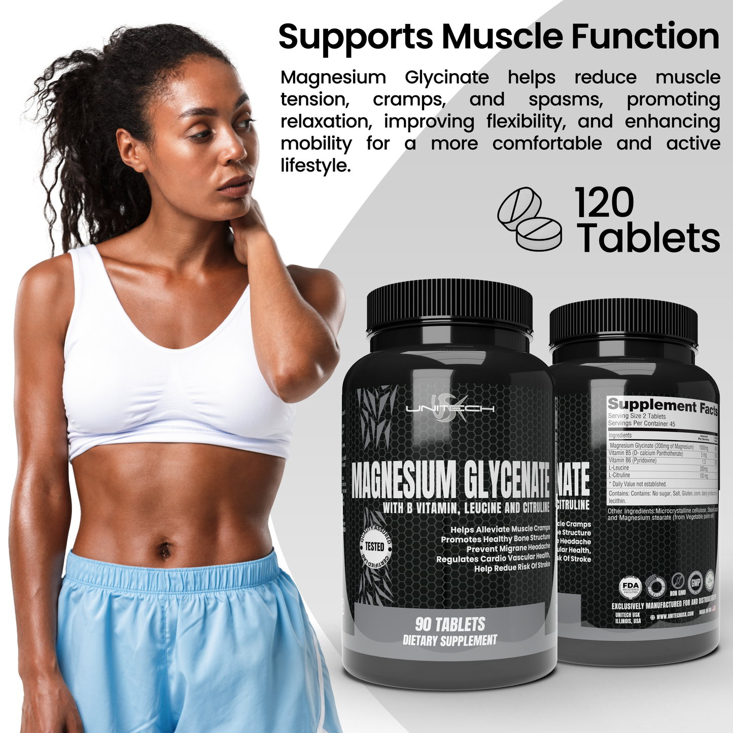 Unitech USK | Magnesium Glycinate Tablets | Immunity Support with B Vitamins, Leucine & Citrulline | Promotes Muscles, Bone Health & Supports Overall Wellness | Dietary Supplement | 90 Tablets