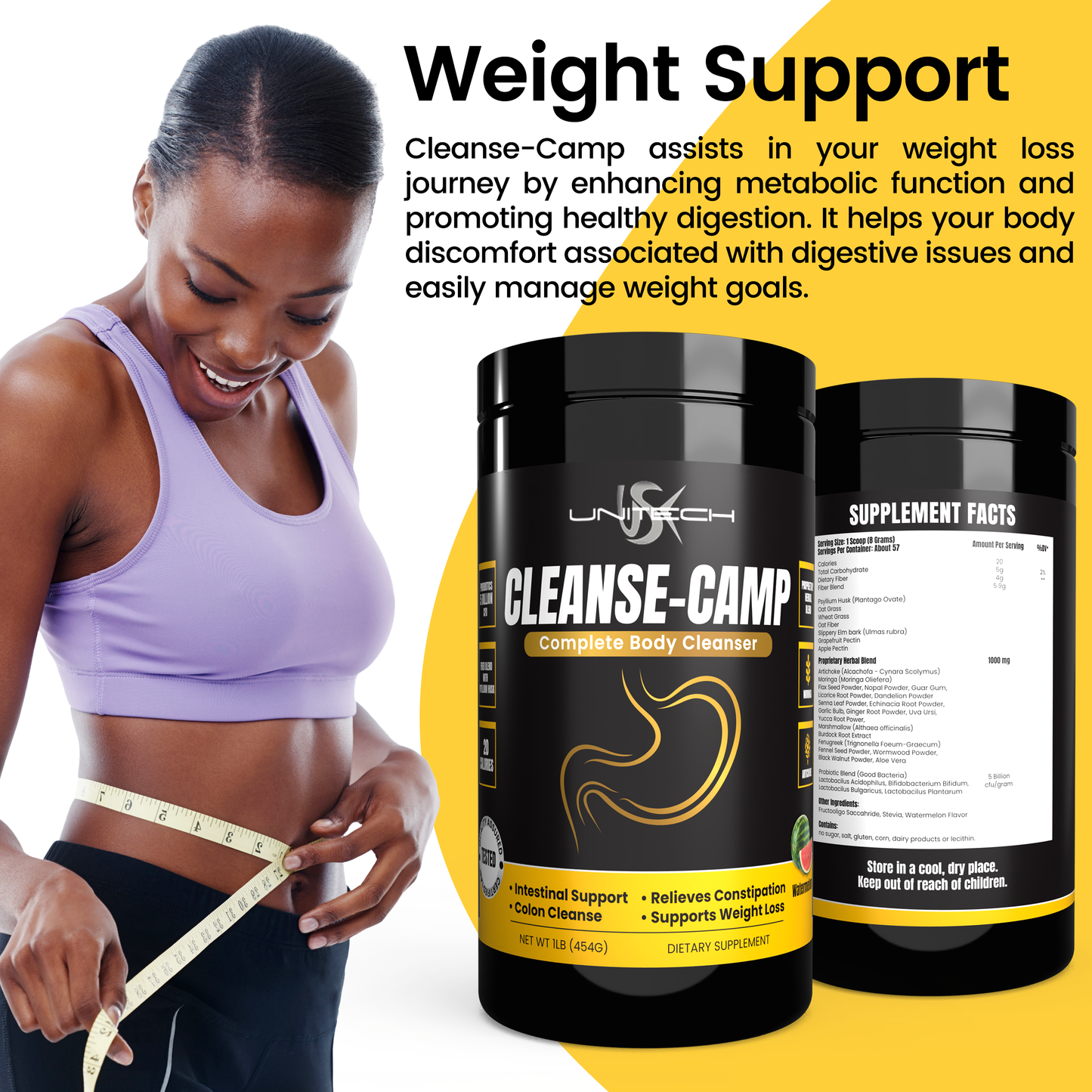 Unitech USK | Cleanse-Camp Powder | Natural Herbal Digestive Cleanse Supplement | Rich with Moringa, Artichoke & Probiotics for Healthy Digestion & Colon Detox | 100% Vegetarian | Watermelon Flavor, 16oz