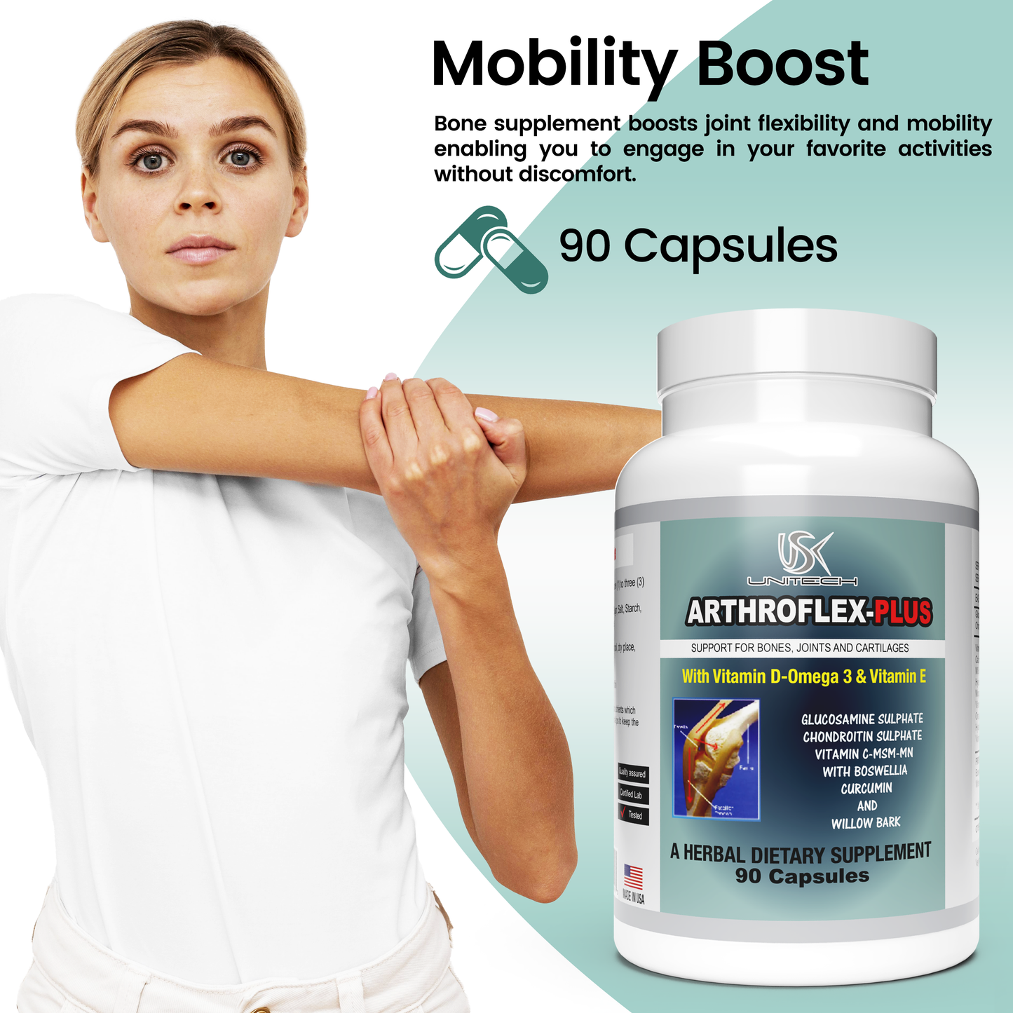 USK ARTHROFLEX-PLUS | Joint Health Supplement | Natural Ingredients with Glucosamine, Chondroitin, & Turmeric | Cartilage Repair, Bone Strength, Flexibility, & Mobility for Men & Women | 90 Capsules