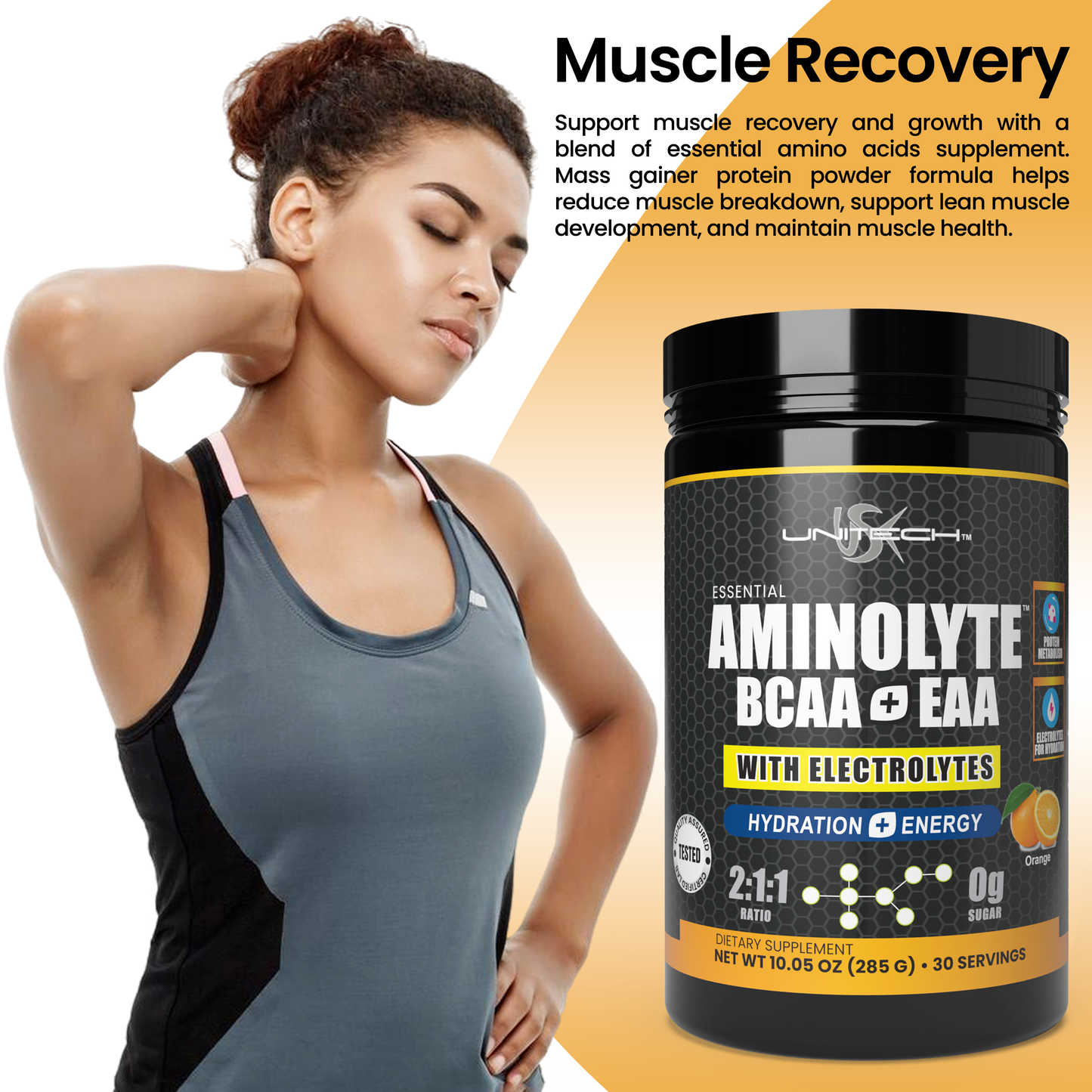 Unitech USK AminoLyte BCAA + EAA & Electrolytes Powder | Rich with Essential Amino Acids | Muscle Recovery & Hydration | Endurance & Performance Support | Dietary Supplement | Orange Flavor, 285g
