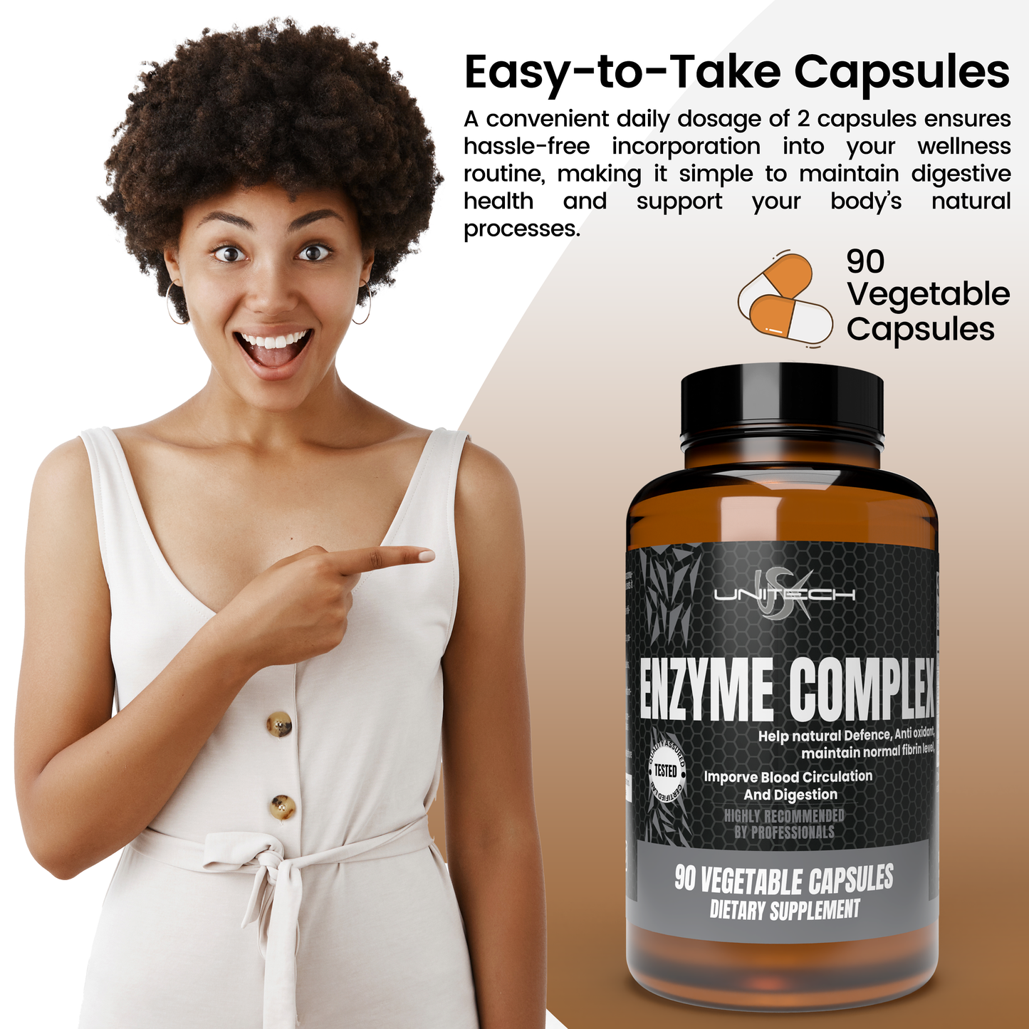 Unitech USK | Enzyme Complex Supplement | Digestive Support with Lipase, Protease, Papain, Bromelain, and Turmeric Extract | Natural Formula for Nutrient Absorption | 90 Vegetable Capsules