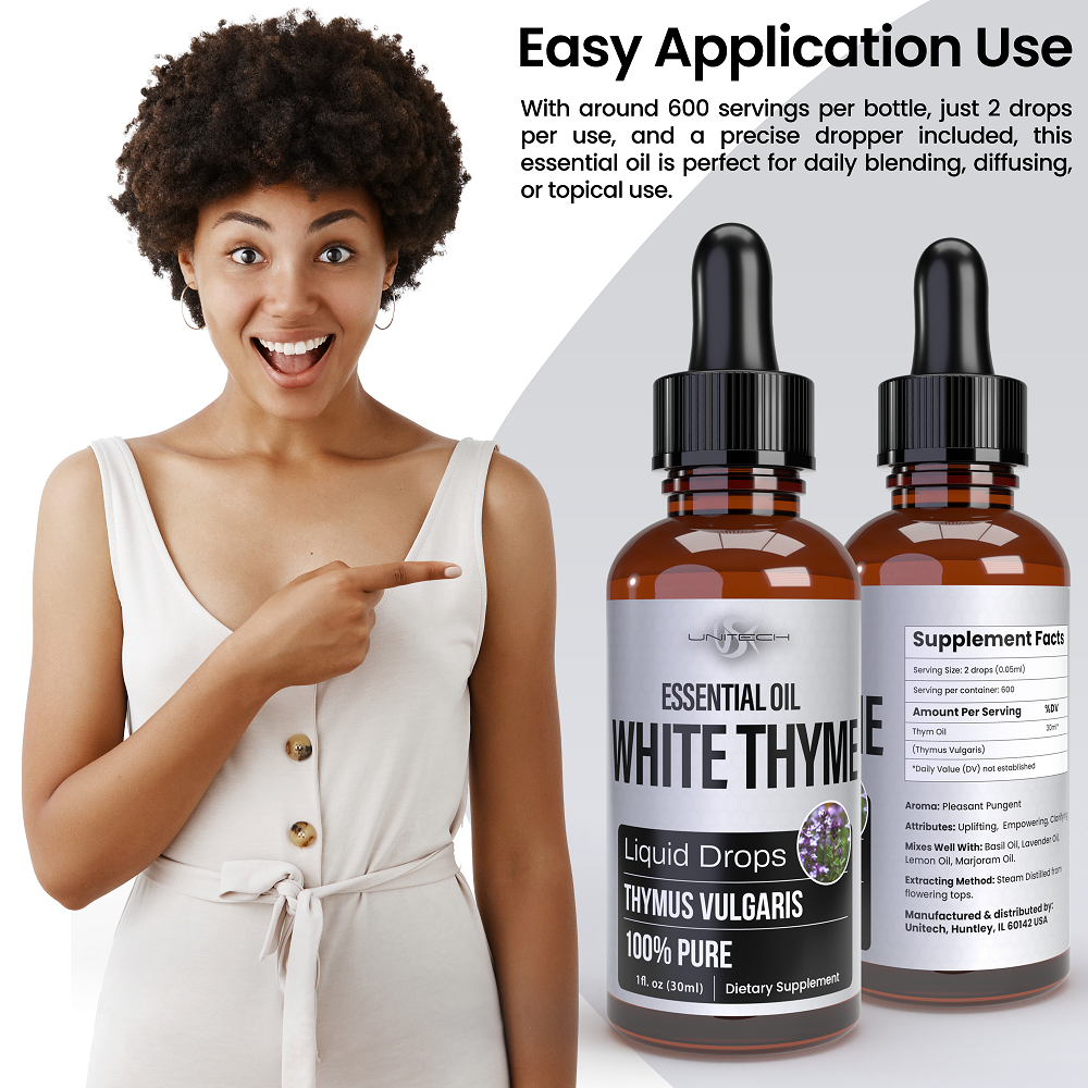 Unitech USK White Thyme Essential Oil | 100% Pure & Natural Thymus Vulgaris | Therapeutic Grade for Aromatherapy Diffuser | Relaxation & Massage Oil | Blends with Basil, Lavender, Lemon & Marjoram | 30ml