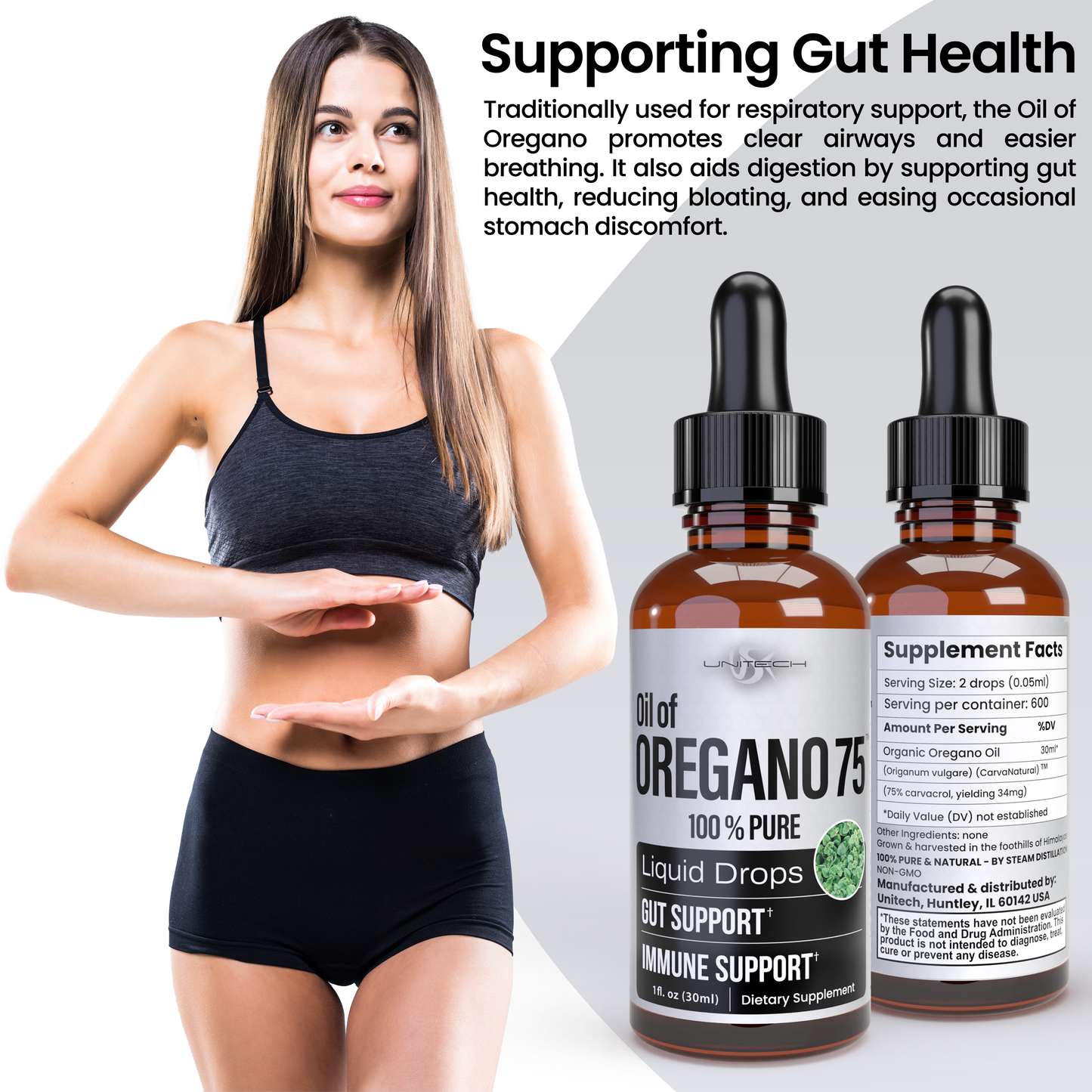 Unitech USK Oreganil 75 Essential Oil | 100% Pure & Natural Oil of Oregano for Immune Support & Wellness | Herbal Extract with Carvacrol & Thymol | Respiratory Support & Digestive Health | 1 fl oz