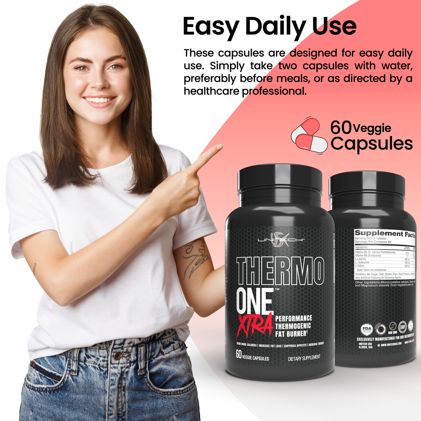 Unitech USK Thermo ONE Xtra Performance | Thermogenic Fat Burner for Weight Loss & Energy | Appetite Suppressant with BCAA & Leucine for Muscle Recovery | B Vitamins for Metabolism & Focus | 60 Caps