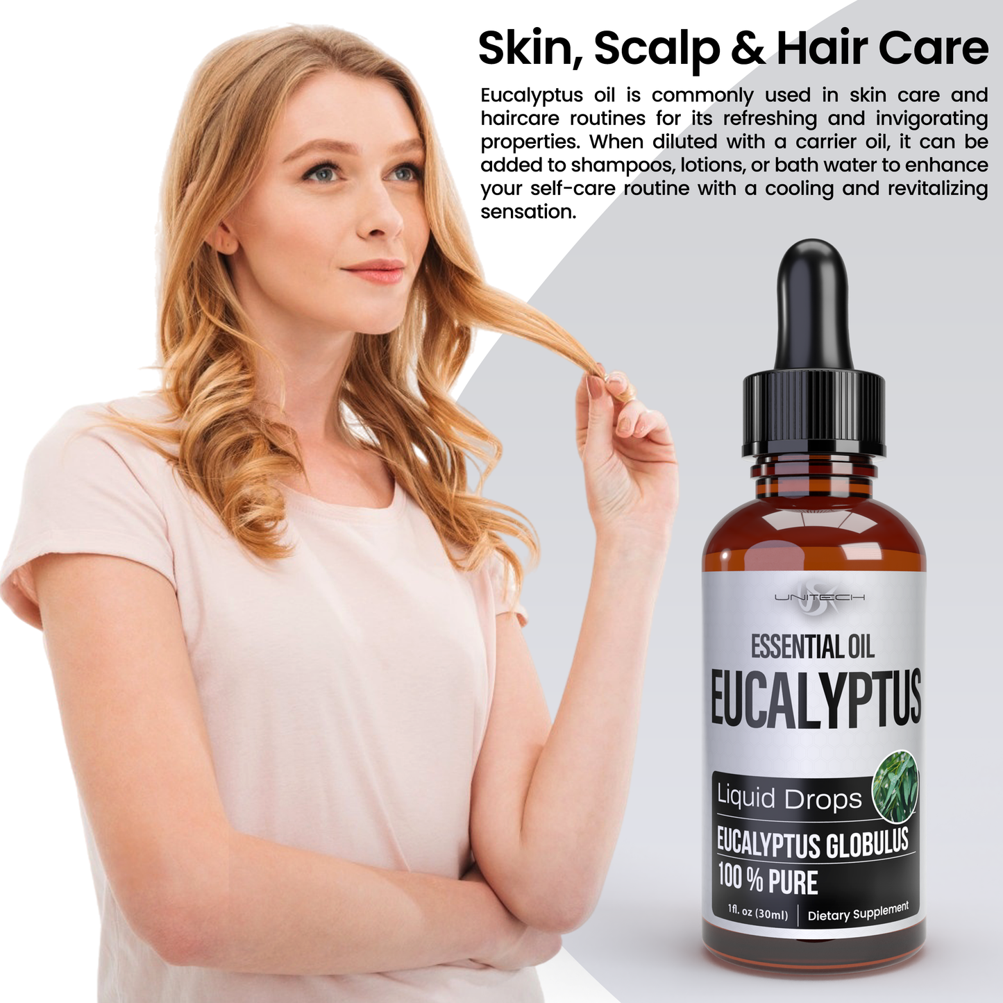 Unitech USK Eucalyptus Essential Oil | 100% Pure & Natural Eucalyptus Globulus Liquid Drops | Therapeutic Grade for Aromatherapy, Skin Care, and Respiratory Support | Dietary Supplement | 30ml