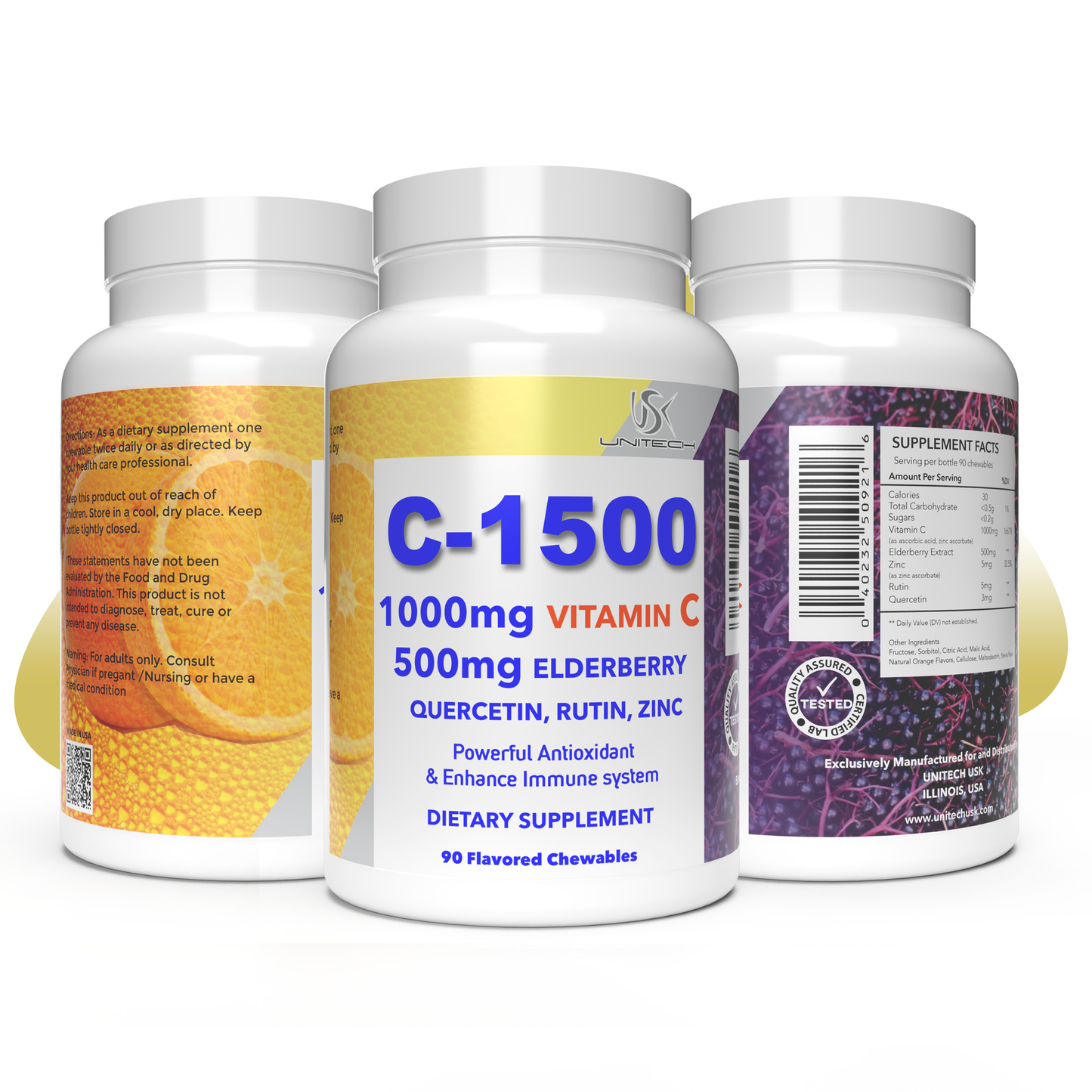 Unitech USK | C-1500 | Immune Support Supplement | Rich with Vitamin C, Elderberry, Quercetin, Rutin, & Zinc | Daily Wellness & Body Health Maintenance | 90 Flavored Chewables