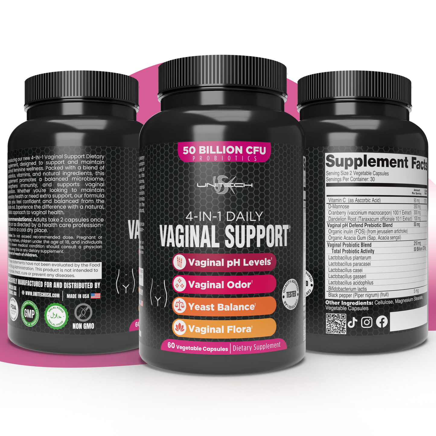 Unitech USK | 4-IN-1 Vaginal Support Supplement | 50 Billion CFU Probiotics, Supports Vaginal Health, pH, Odor, Yeast Balance, and Flora | Natural Feminine Care | 60 Vegetable Capsules
