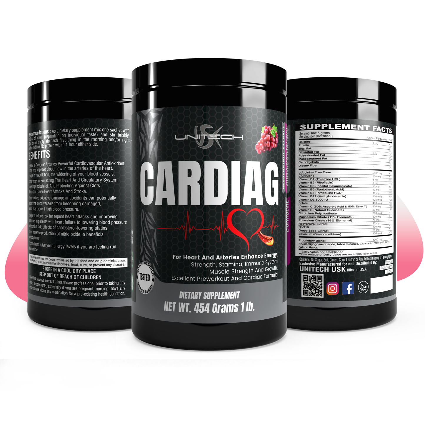Unitech USK | Cardiag Grape Powder | Natural Supplement for Cardiovascular Support | L-Arginine, L-Citrulline, Grape Seed Extract, Resveratrol, and Coenzyme Q10 | 16 oz