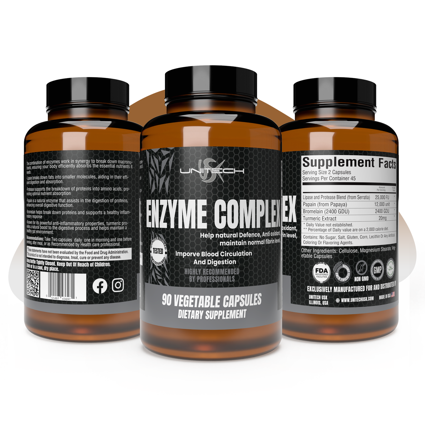 Unitech USK | Enzyme Complex Supplement | Digestive Support with Lipase, Protease, Papain, Bromelain, and Turmeric Extract | Natural Formula for Nutrient Absorption | 90 Vegetable Capsules