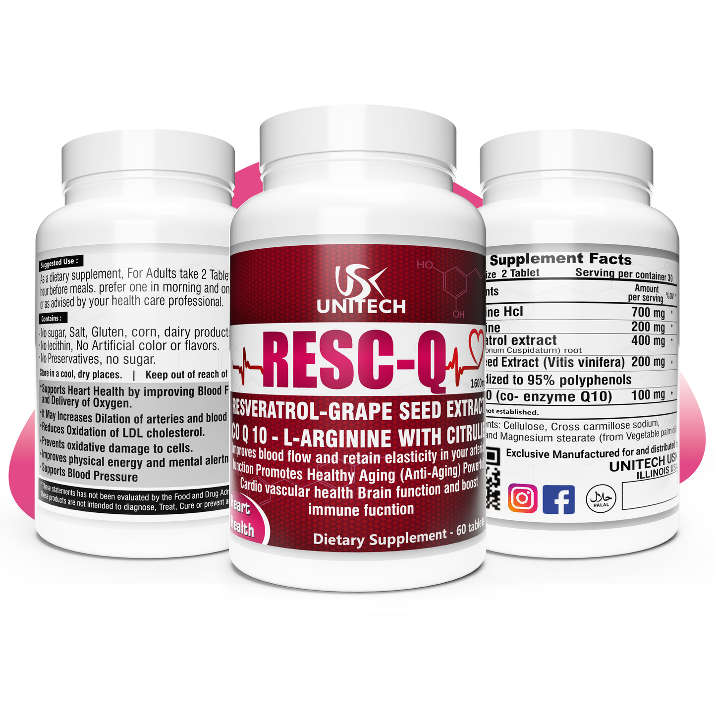 Unitech USK | RESC-Q | Cardiovascular Support & Heart Health | Rich with Resveratrol, L-Arginine, L-Citrulline & Grape Seed Extract | Antioxidant & Enhanced Blood Flow | Dietary Supplement | 60 Tablets