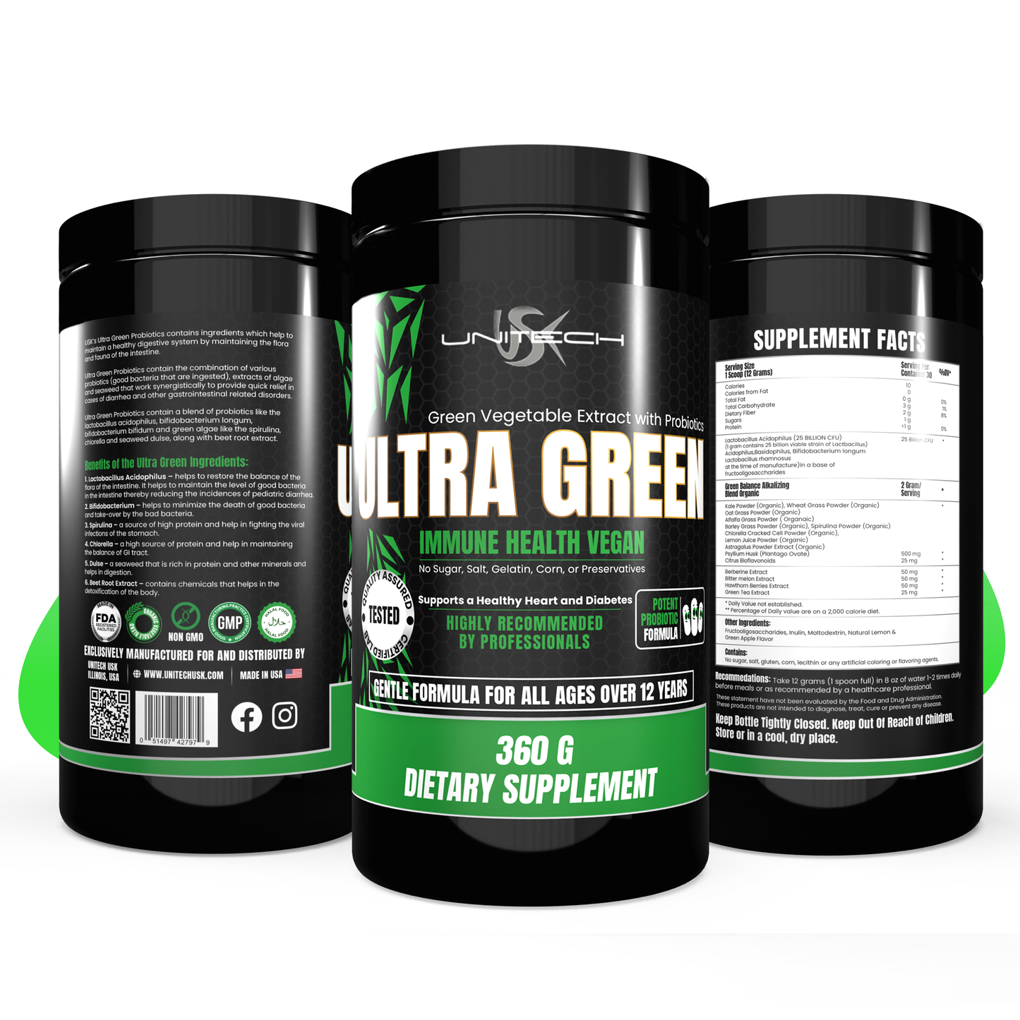 Unitech USK | Ultra Green Powder | Health Supplement, Immune Support, and Digestive Relief | Rich with Probiotics, Green Algae, Seaweed, and Beet Root | Gut Health Enhancement | 16 Oz