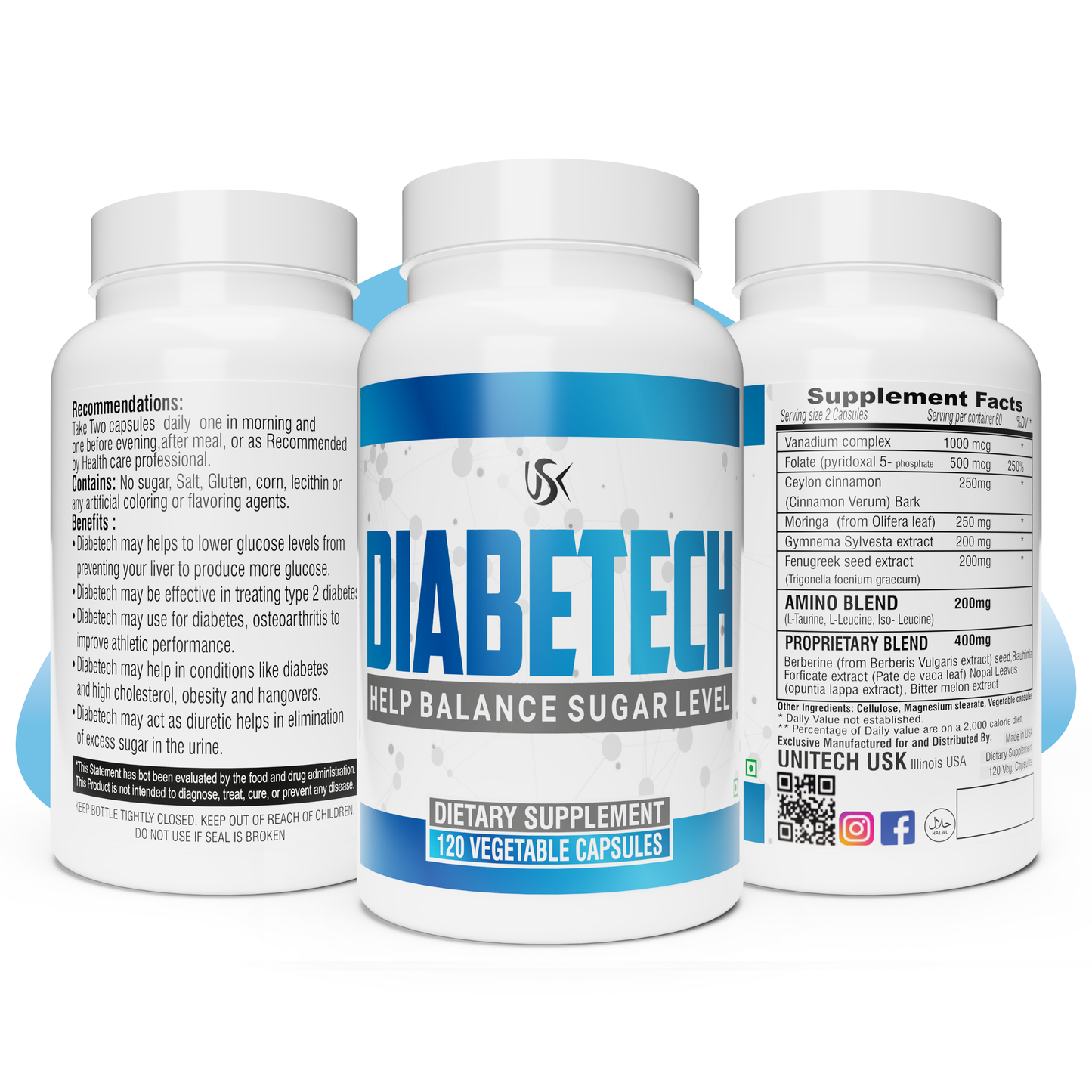 Unitech USK | Diabetech Capsules | Supports Balance Glucose Levels, Metabolic Health, and Insulin Sensitivity | Extracts with Fenugreek, Ceylon Cinnamon, Bitter Melon, and Herbal | 60 Capsules