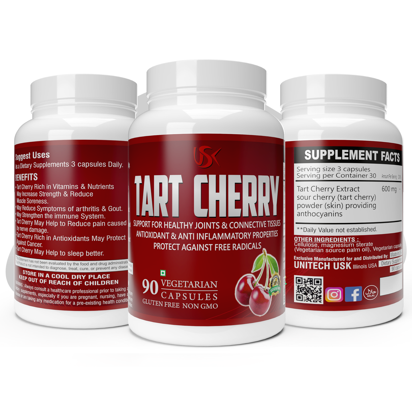 Unitech USK | Tart Cherry Capsules | Joint Support, Immune System Strength, & Muscle Recovery | Rich with Antioxidant, Tart Cherry, Cellulose, & Magnesium | Dietary Supplement | 90 Vegetarian Capsules